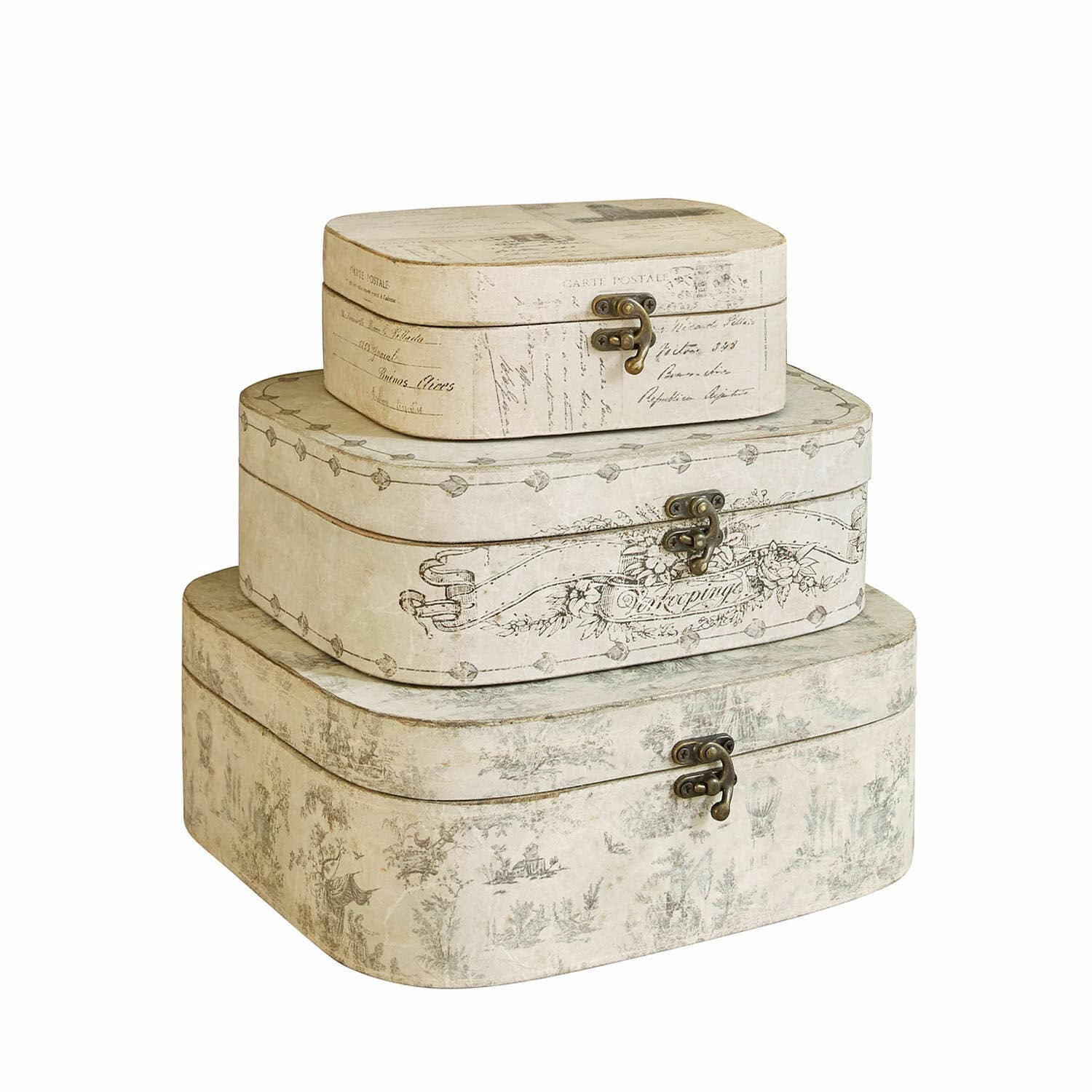 Box 3er Set Dedwen Drei cremefarbene Dekoboxen mit Metallverschluss und Vintage-Muster zum Aufbewahren