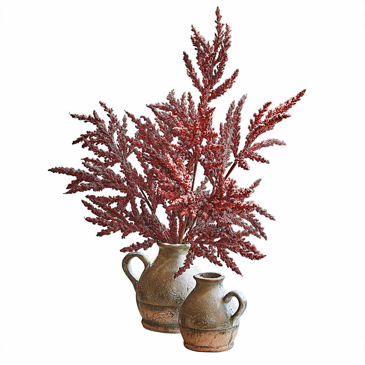 Deko-Blume 3er Set Trivane Zwei braune Tonkrüge mit roten getrockneten Blumen als dekorativer Akzent im Raum