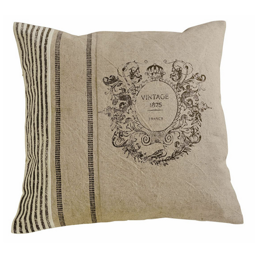 Beige Leinenkissen mit Vintage-Aufdruck und Streifen, dekoratives Retro-Accessoire fürs Wohnzimmer
