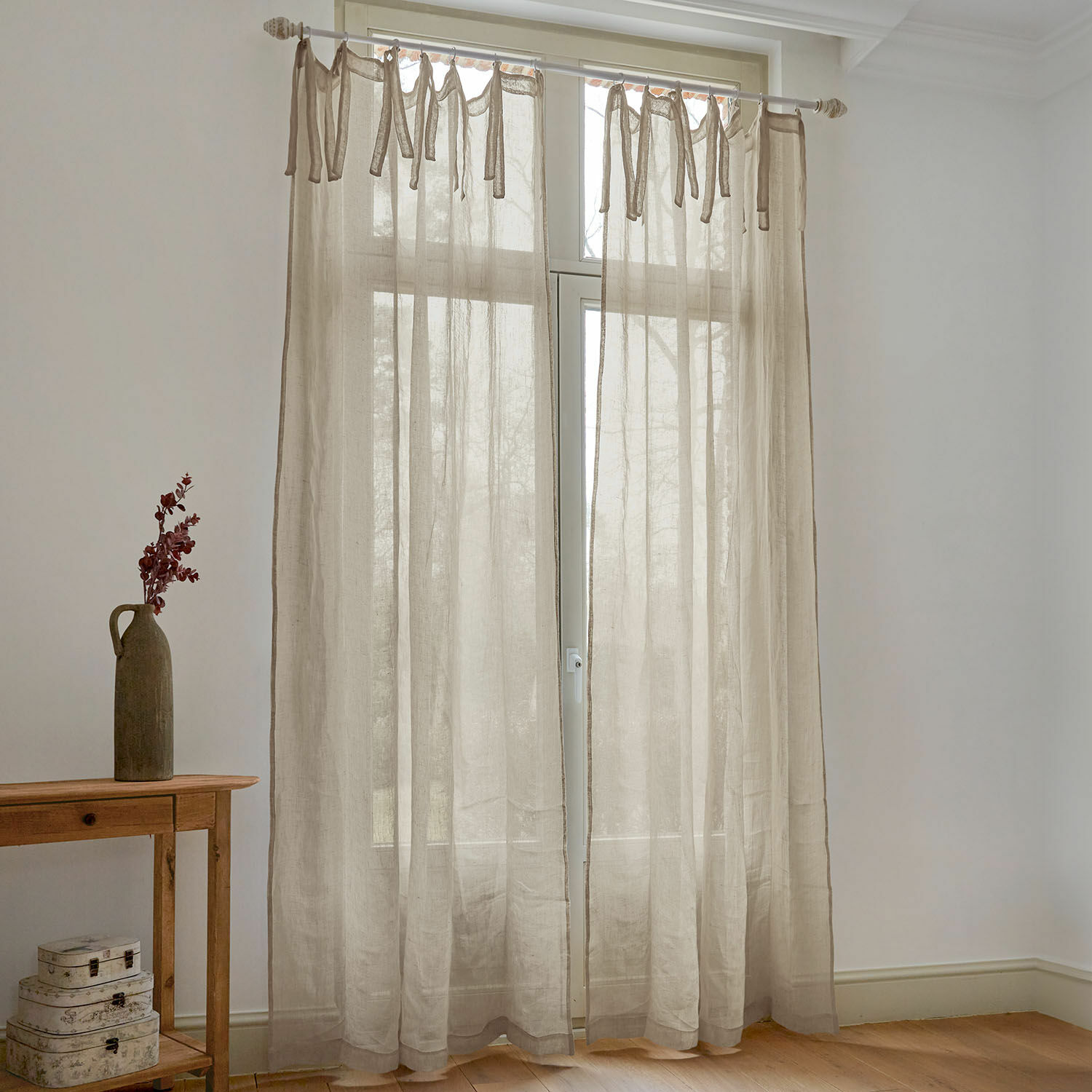 Gardine Velloran Beige Leinenvorhang mit gebundenen Schlaufen, leichter Stoff für Fensterdekoration im Wohnzimmer