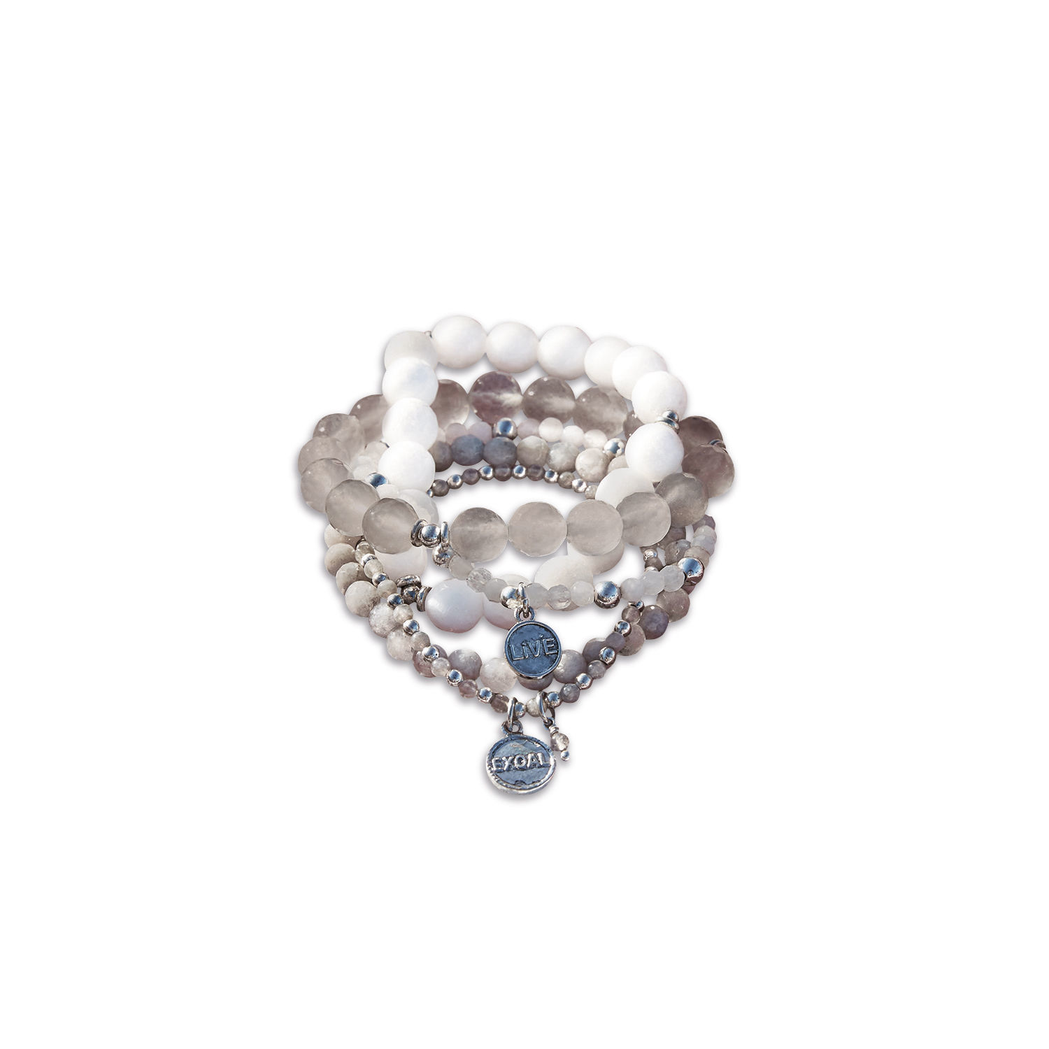 Armkette 5er Set Chaim Set aus Armbändern mit weißen und grauen Steinen und Metallanhängern mit Schriftzug