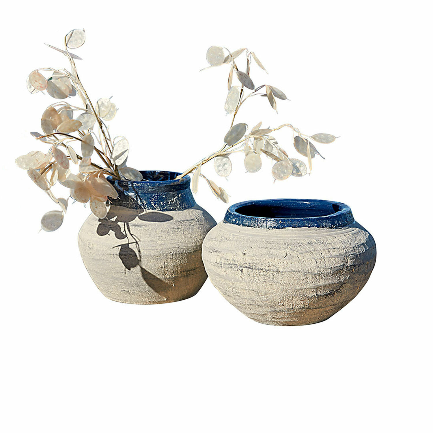 Vase 2er Set Dolciaro Zwei beige Keramikvasen mit blauem Rand, dekorative Wohnaccessoires aus Ton