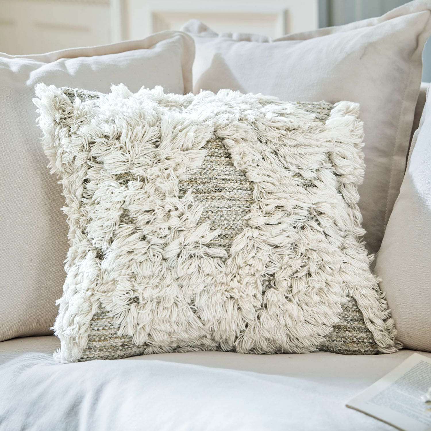 In-& Outdoorkissenhülle Meagan Dekoratives Baumwollkissen in Creme mit flauschigem Muster für gemütliches Sofa