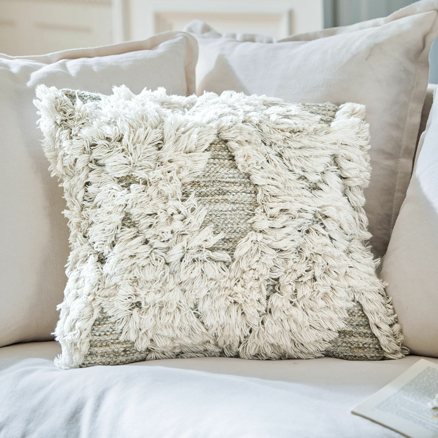 In-& Outdoorkissenhülle Meagan Dekoratives Baumwollkissen in Creme mit flauschigem Muster für gemütliches Sofa