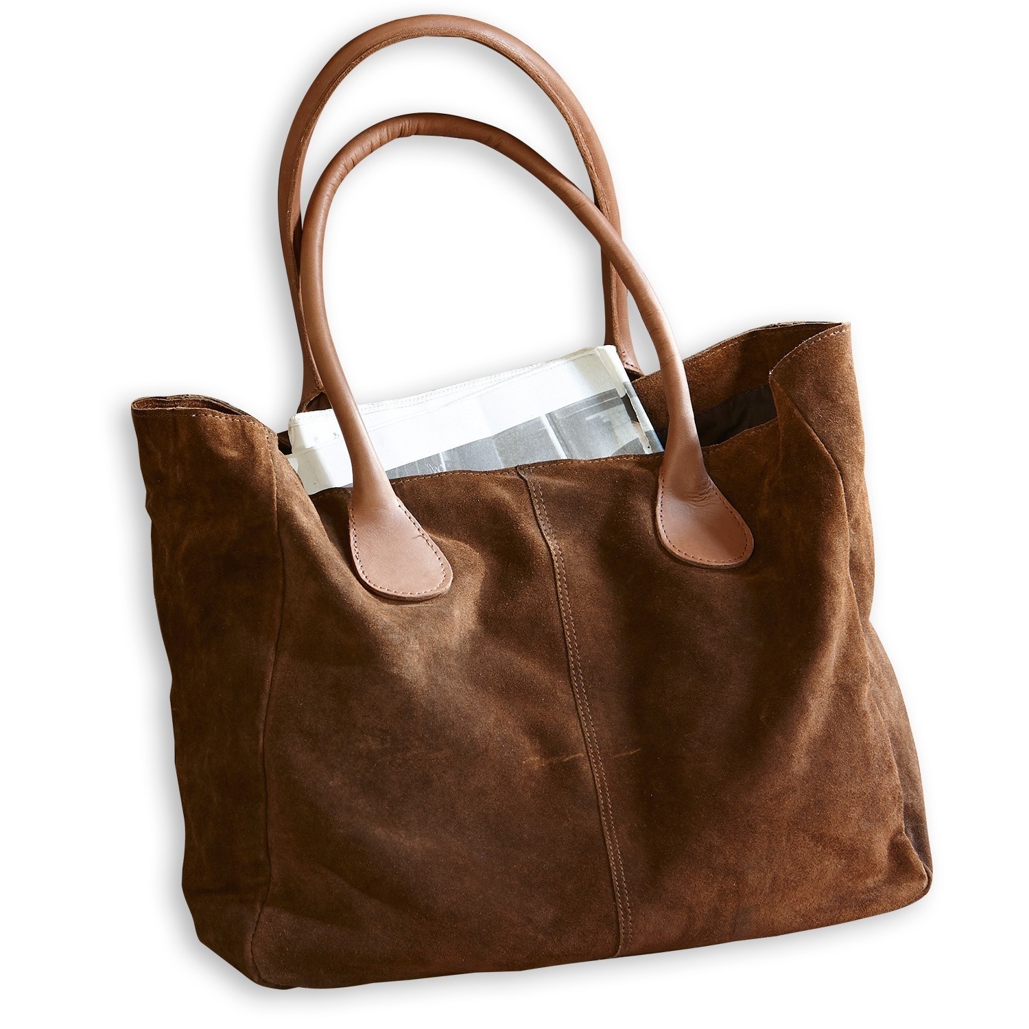 Tasche Genevielle Braune Wildledertasche mit hellbraunen Griffen, praktische Einkaufstasche für den Alltag