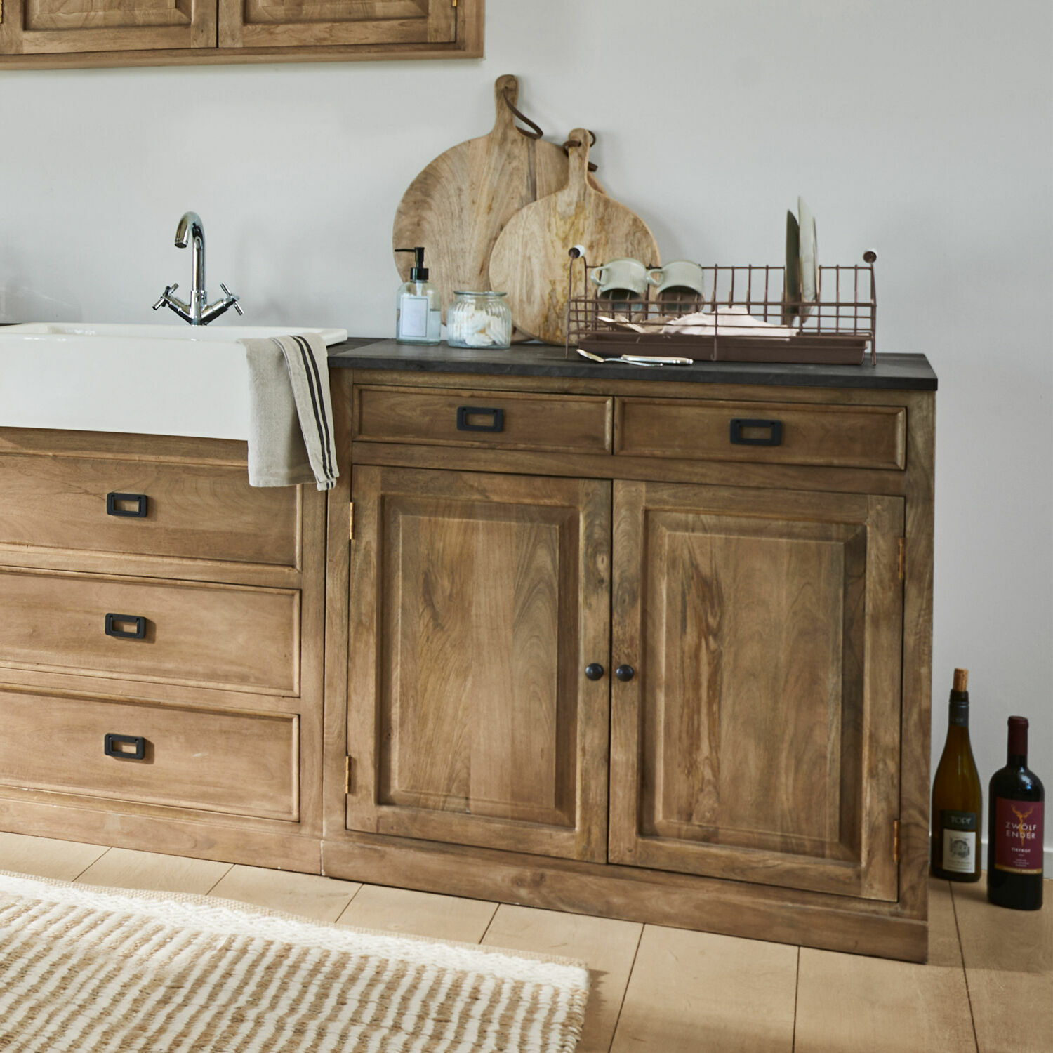 Schrank Montégut Küchenschrank aus Holz mit Spüle und Arbeitsplatte in Naturfarbe, rustikaler Stil, Küchenzubehör