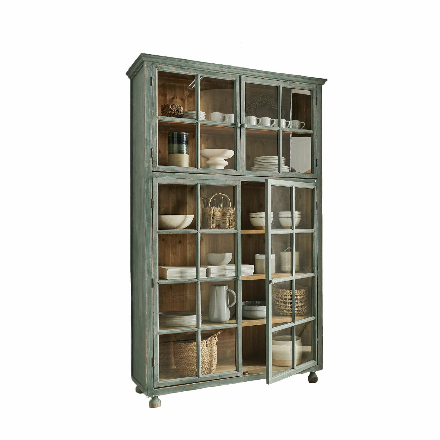 Schrank Bellac Grüner Holzschrank mit Glastüren, ideal zur Aufbewahrung von Geschirr und Dekoration.
