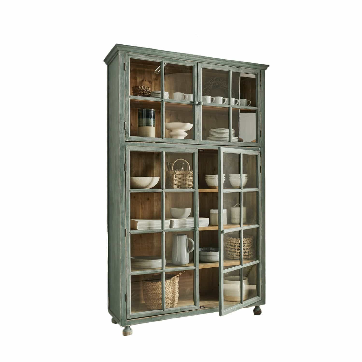 Schrank Bellac Grüner Holzschrank mit Glastüren, ideal zur Aufbewahrung von Geschirr und Dekoration.