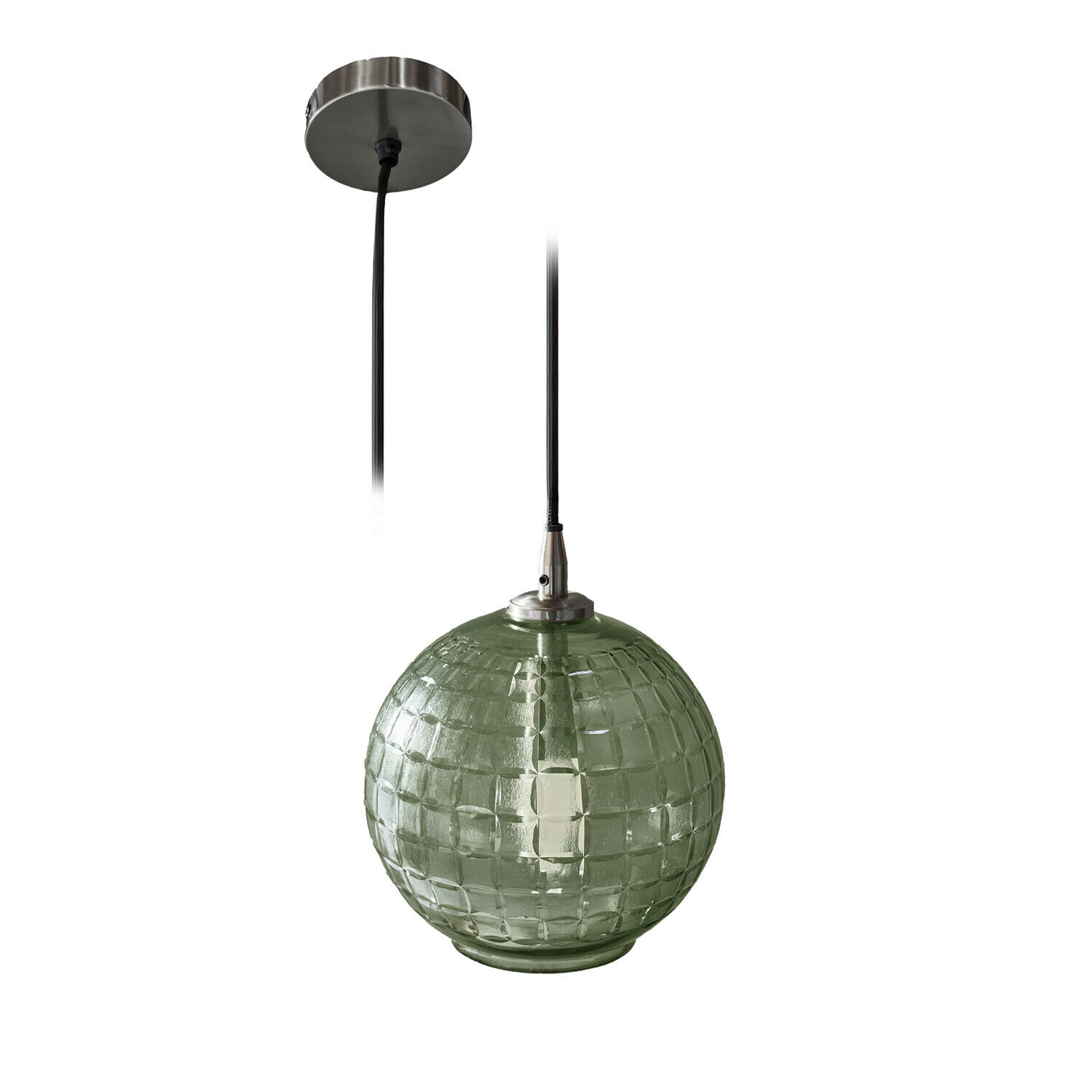 Hängelampe Lunémis Grüne Glaskugel-Hängeleuchte mit Metallhalterung und schwarzem Kabel, modernes Design