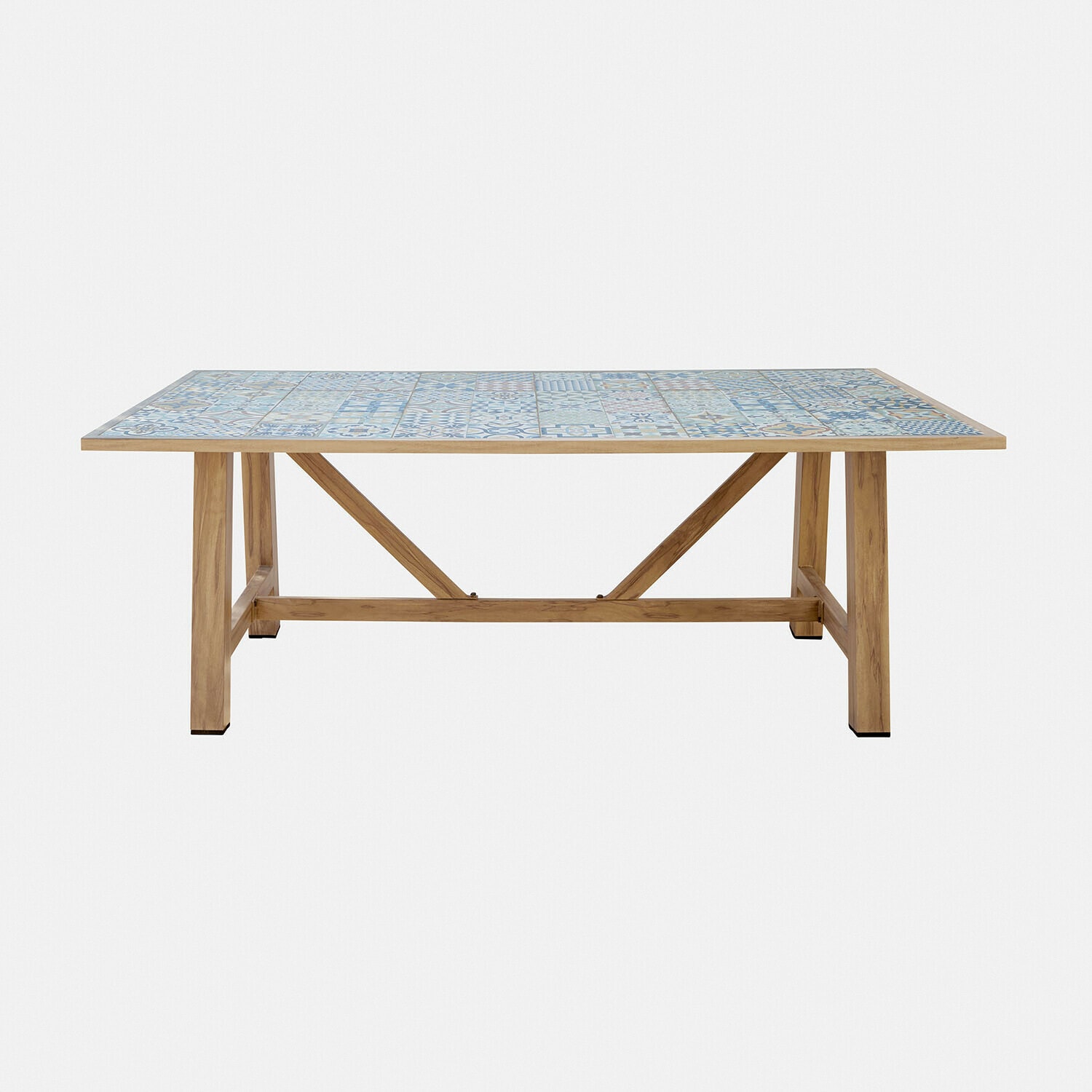 Esstisch Galdorena Tisch mit Holzgestell und blau-weißem Keramikfliesenplatte, Esszimmermöbel