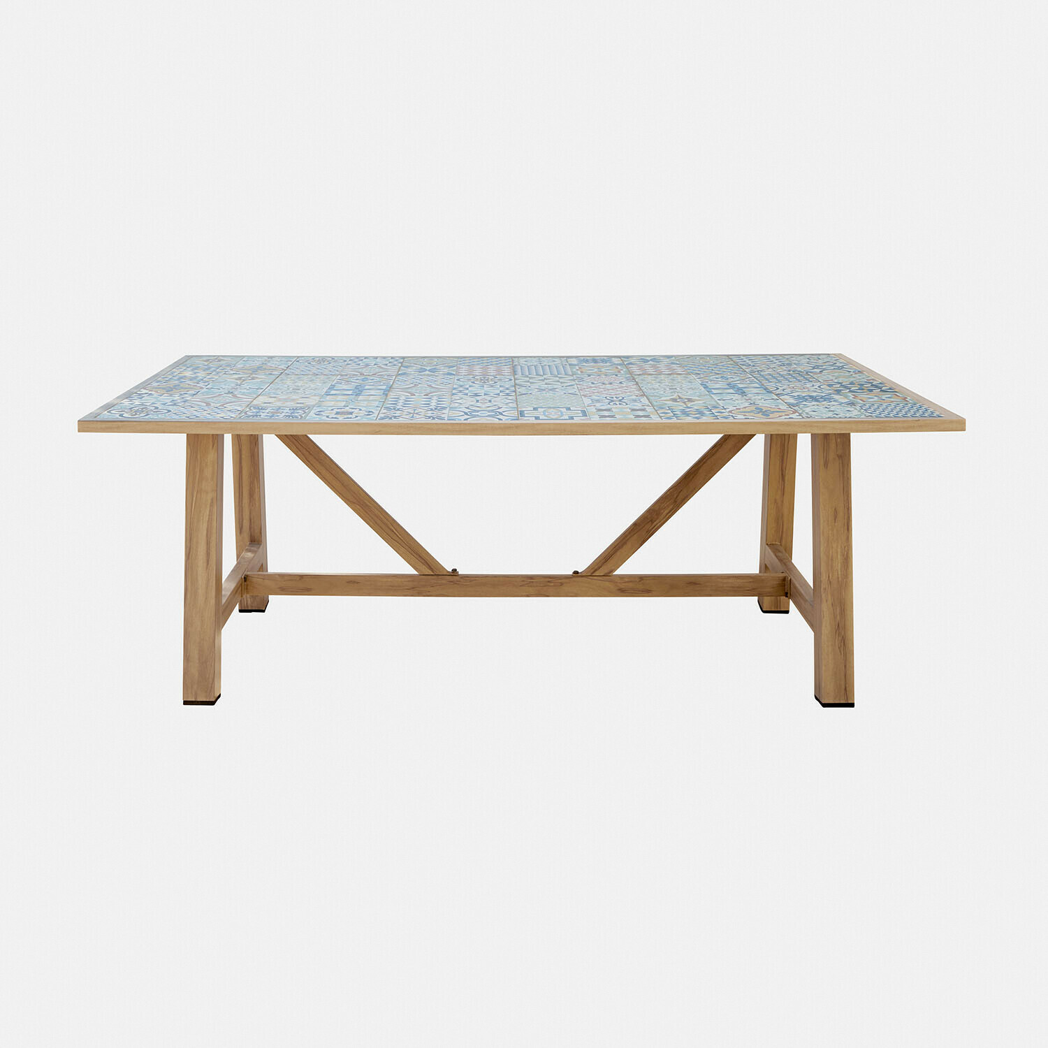 Esstisch Galdorena Tisch mit Holzgestell und blau-weißem Keramikfliesenplatte, Esszimmermöbel