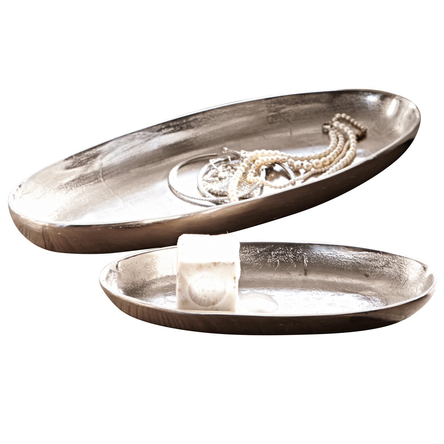 Schalen 2er Set Marné Ovale silberne Metall-Schale mit Schmuck und Seife, elegantes Wohnaccessoire für das Zuhause