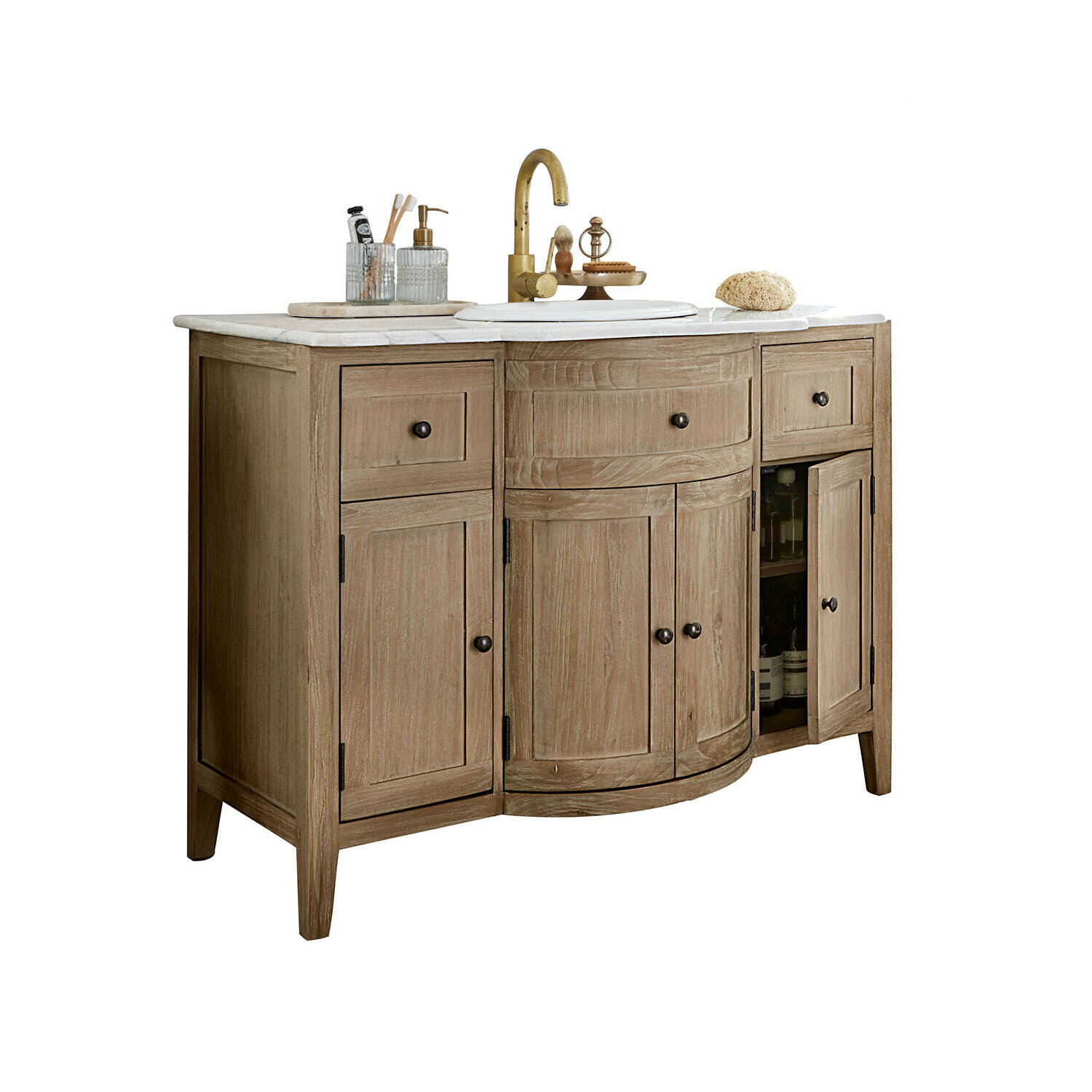 Holz-Badezimmerunterschrank mit Marmorplatte und goldfarbenem Wasserhahn, naturfarben