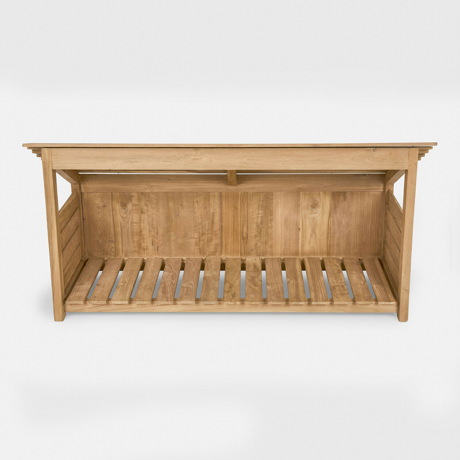 Outdoor-Regal Mabry Bank aus hellem Naturholz mit Ablagefläche unten, schlichtes und funktionales Design