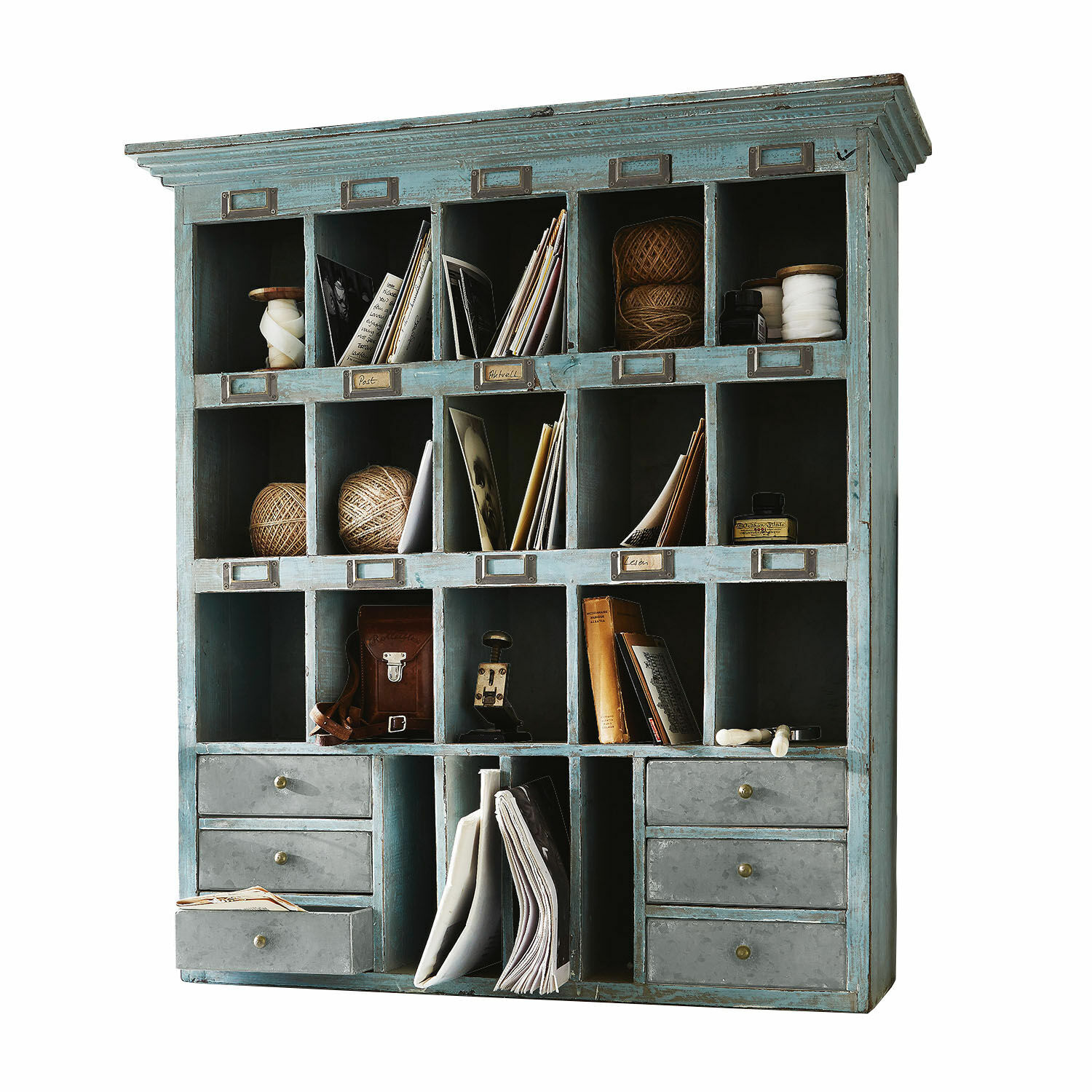 Regal Andover Blauer Holzschrank mit vielen Fächern und Schubladen zur Aufbewahrung von Dokumenten und Zubehör