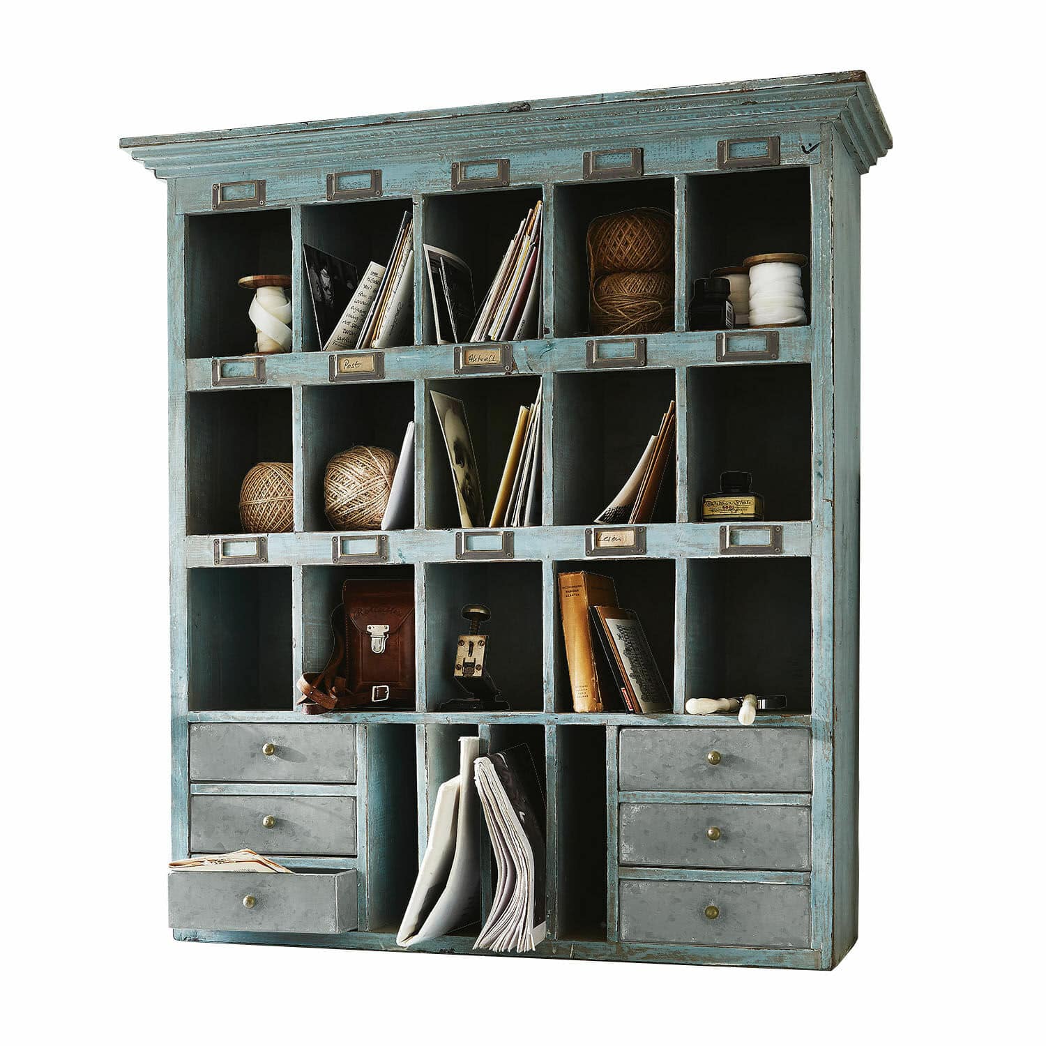 Regal Andover Blauer Holzschrank mit vielen Fächern und Schubladen zur Aufbewahrung von Dokumenten und Zubehör