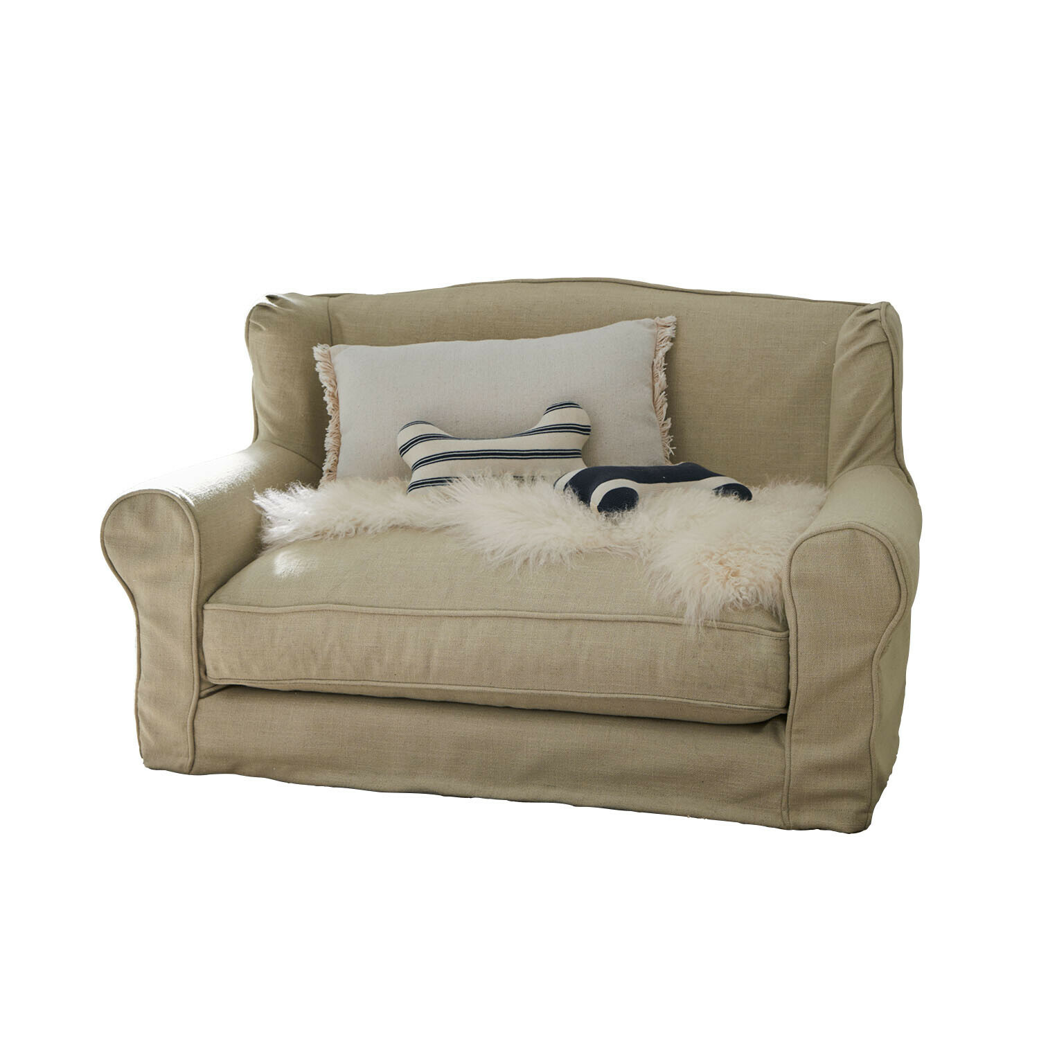 Haustiersofa Panora Beiges 2-Sitzer Sofa aus Stoff mit Kissen und weichem Fellüberwurf für Wohnzimmer