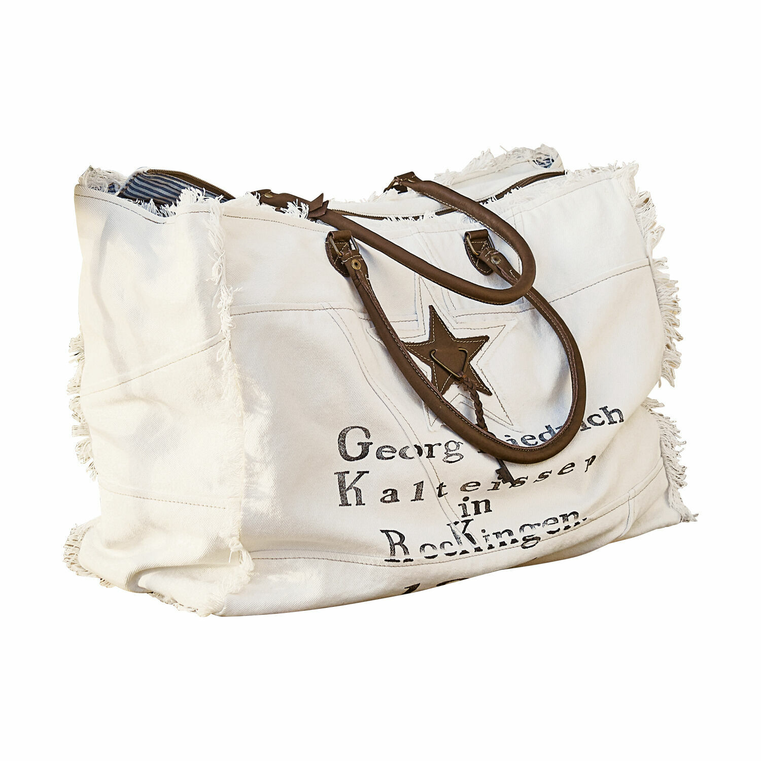 Tasche Friedrich Große weiße Stofftasche mit braunen Griffen und Sternmotiv, praktische Einkaufstasche