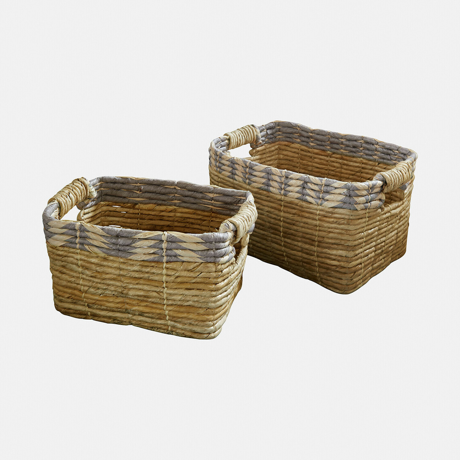Set aus zwei rechteckigen Körben aus geflochtener Natur- und Grautöne für Aufbewahrung