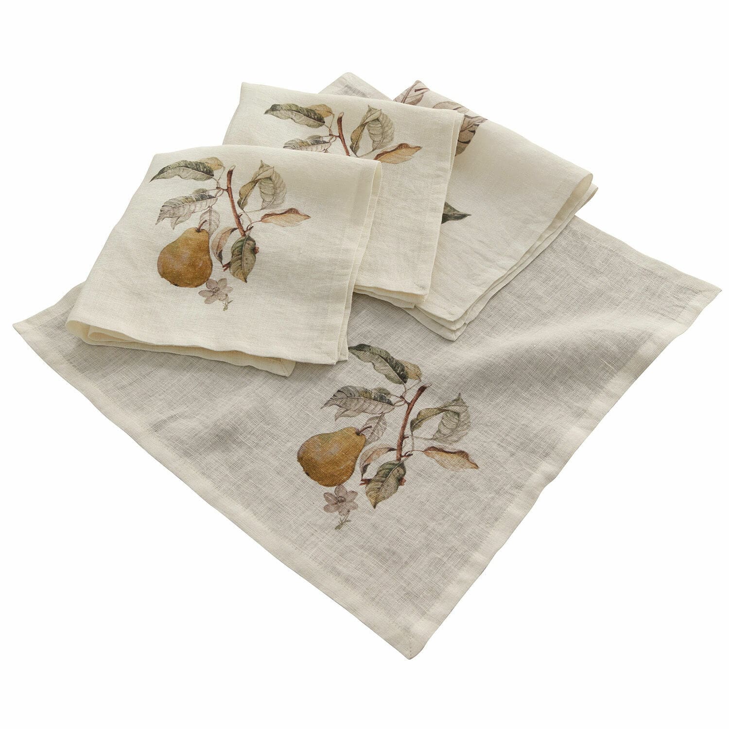 Serviette 4er Set Tupisa Leinen-Servietten in Creme mit Birnen- und Blattmotiv, dekorative Tischtextilien