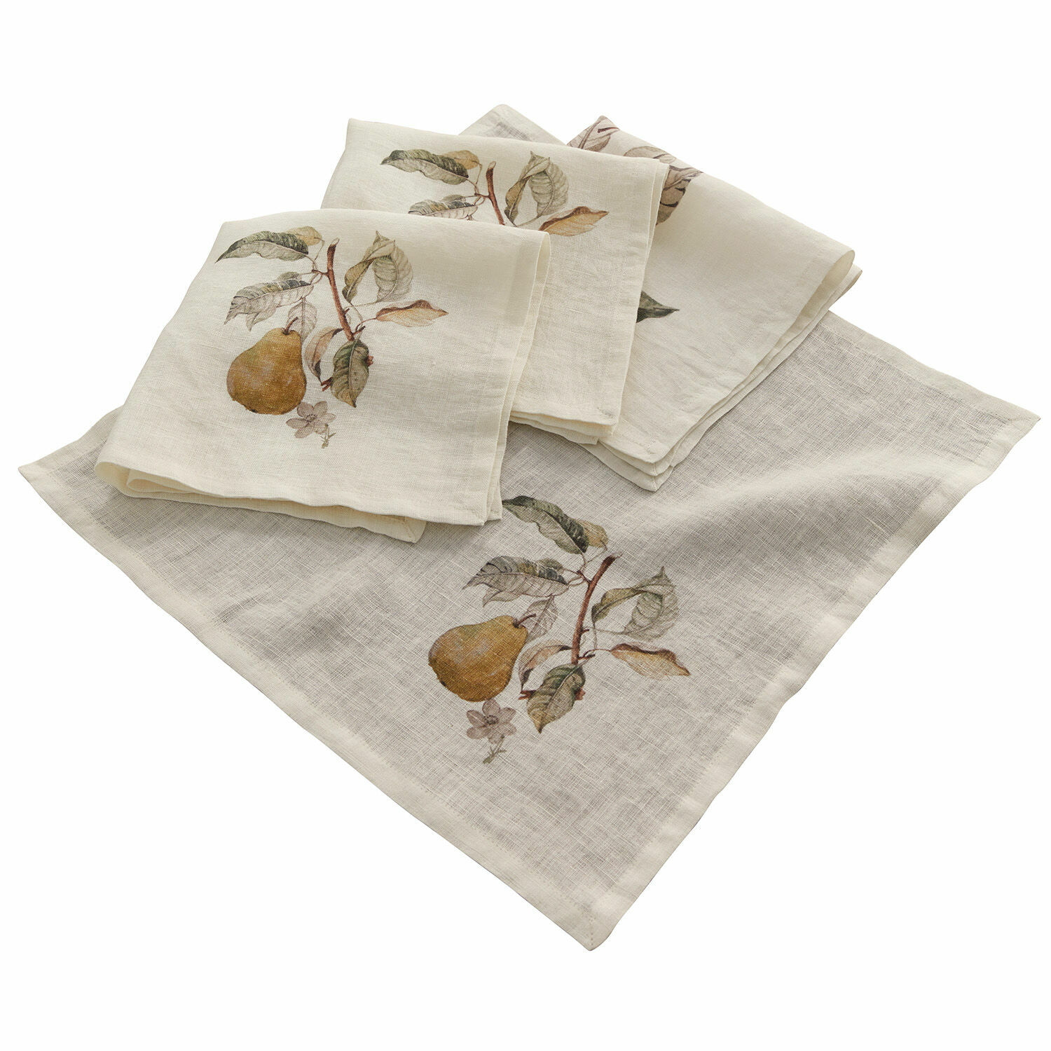 Serviette 4er Set Tupisa Leinen-Servietten in Creme mit Birnen- und Blattmotiv, dekorative Tischtextilien