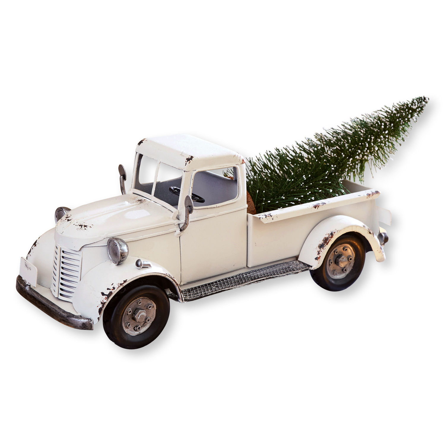 Deko-Auto Formis Weißes Metallmodell eines alten Lastwagens mit grünem Deko-Tannenbaum auf der Ladefläche, Weihnachtsdeko