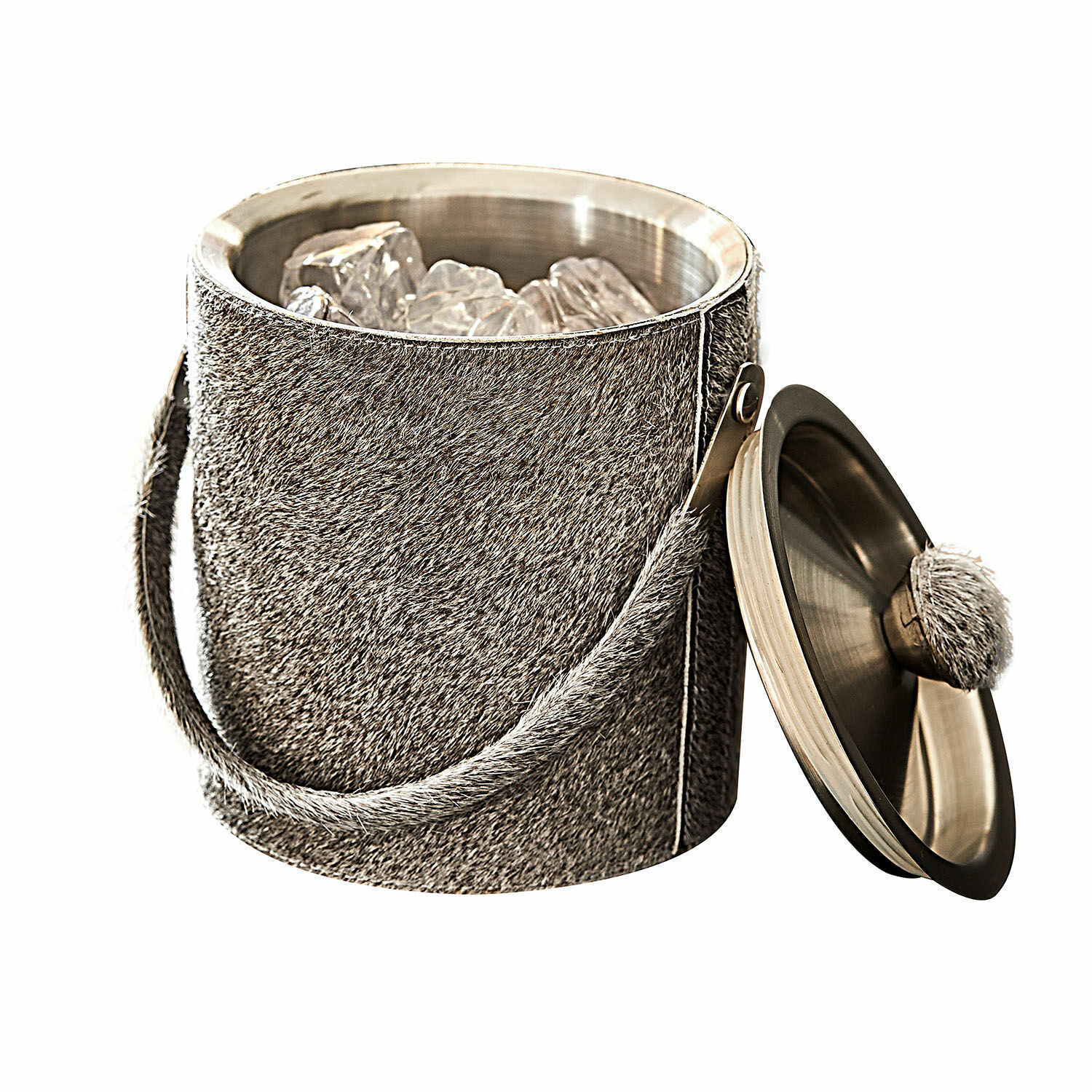 Eiswürfelbehälter aus Edelstahl mit Deckel und Griff, bezogen mit grauem Fellstoff