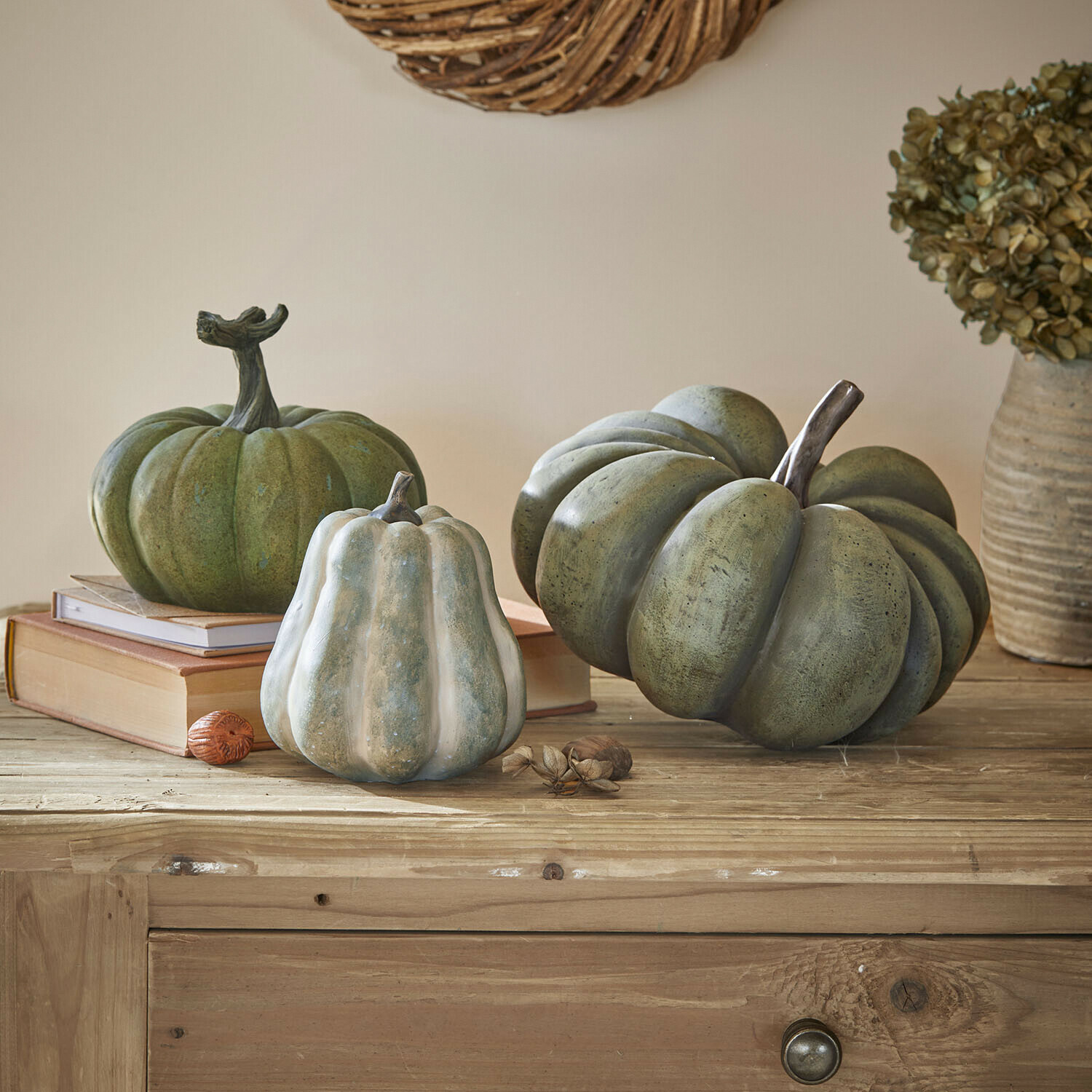 Deko-Kürbis 3er Set Veronira Dekorative grüne und weiße Kürbisse auf Holztisch mit Büchern und getrockneten Blumen arrangiert
