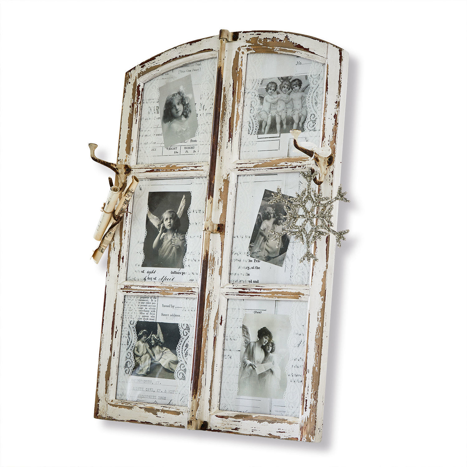 Dekoboard Armindo Rustikales Wandbrett aus Holz mit weißem Shabby-Chic-Finish und Metallhaken zur Dekoration