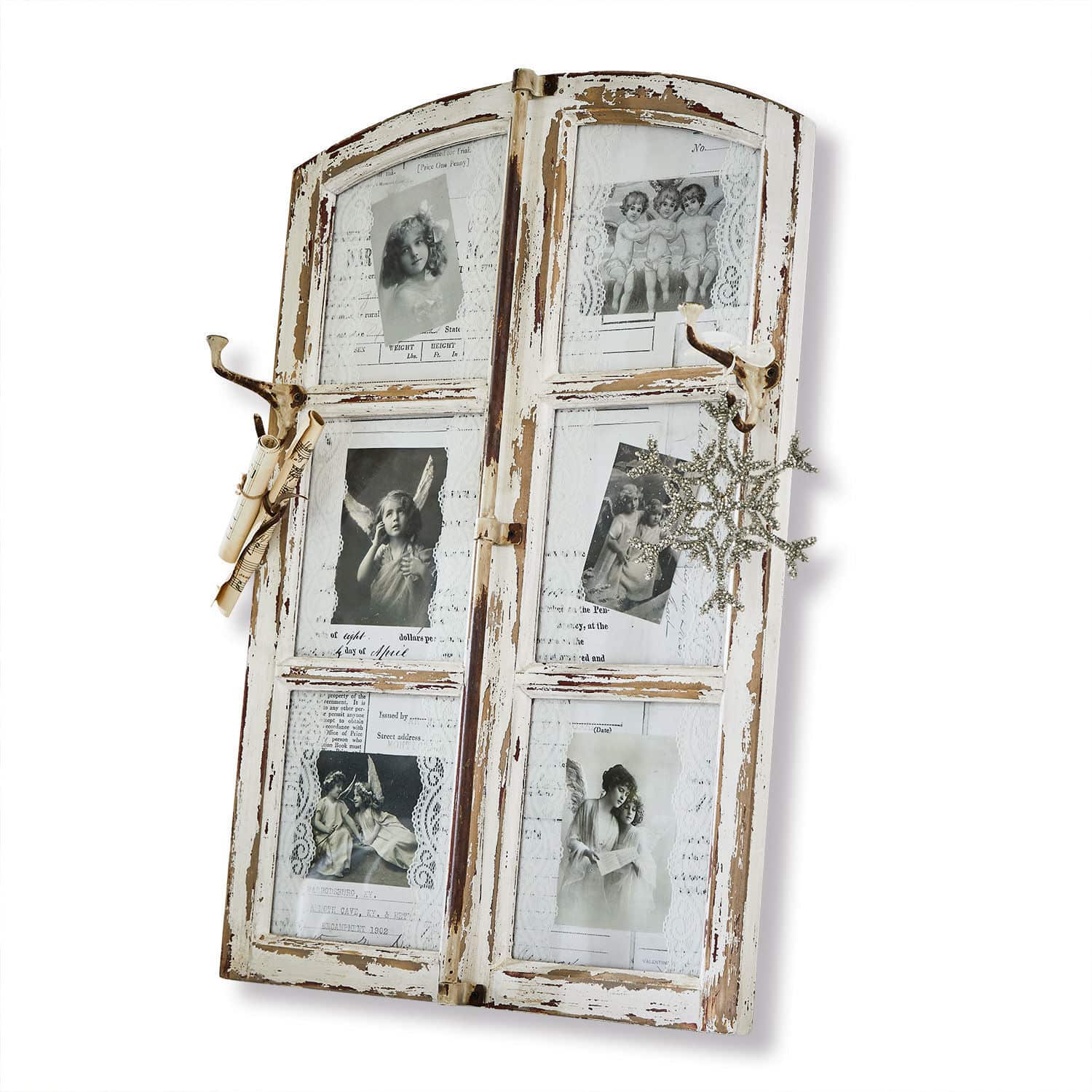 Dekoboard Armindo Rustikales Wandbrett aus Holz mit weißem Shabby-Chic-Finish und Metallhaken zur Dekoration