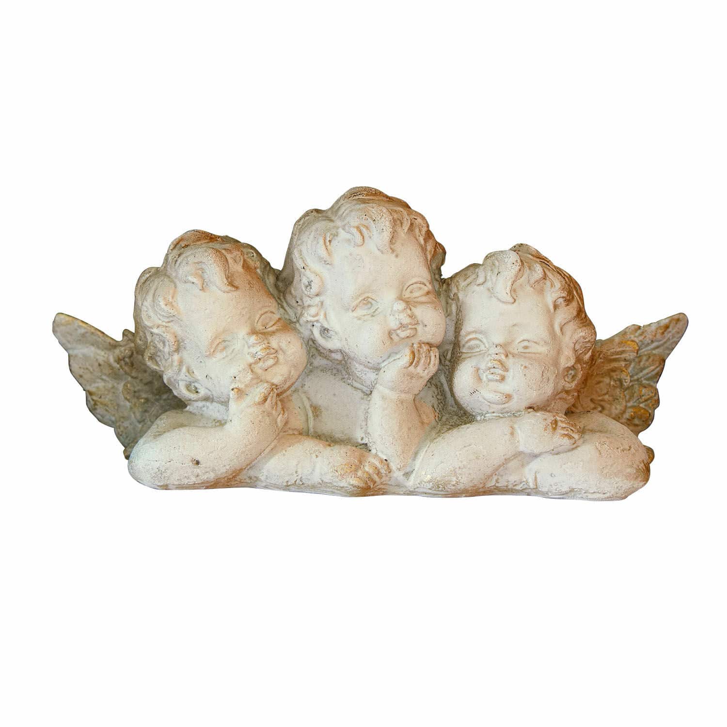 Deko-Engel Nivardo Figur mit drei weißen Engeln aus Keramik mit antikem Finish, dekorativ für Haus und Garten