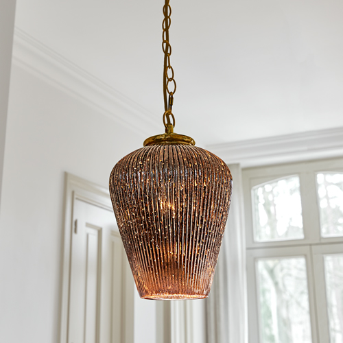 Hängelampe aus geriffeltem braunem Glas mit Metallkette, dekorative Innenbeleuchtung