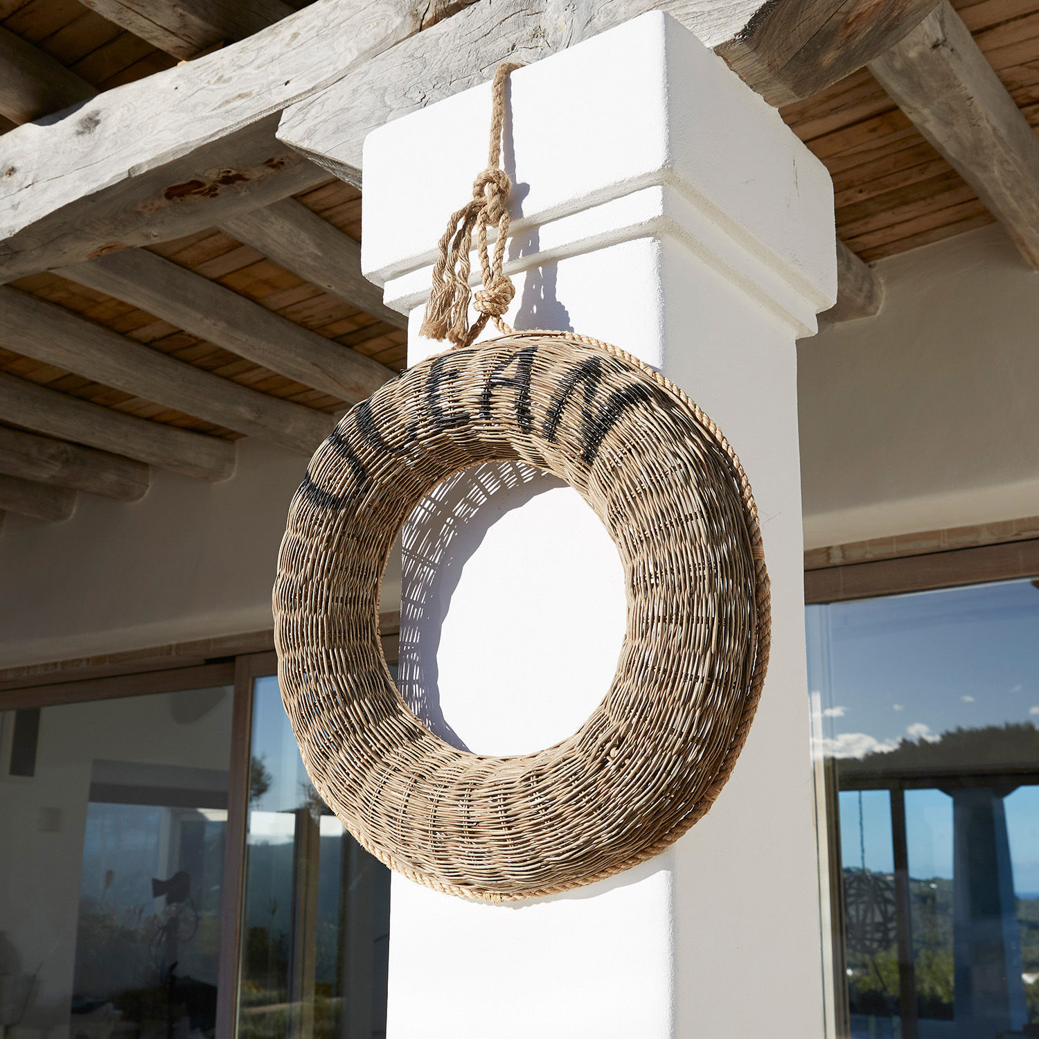 Deko-Rettungsring Oceen Runder Kranz aus natürlichem Weidengeflecht mit Schriftzug, Wanddekoration für Haus und Garten