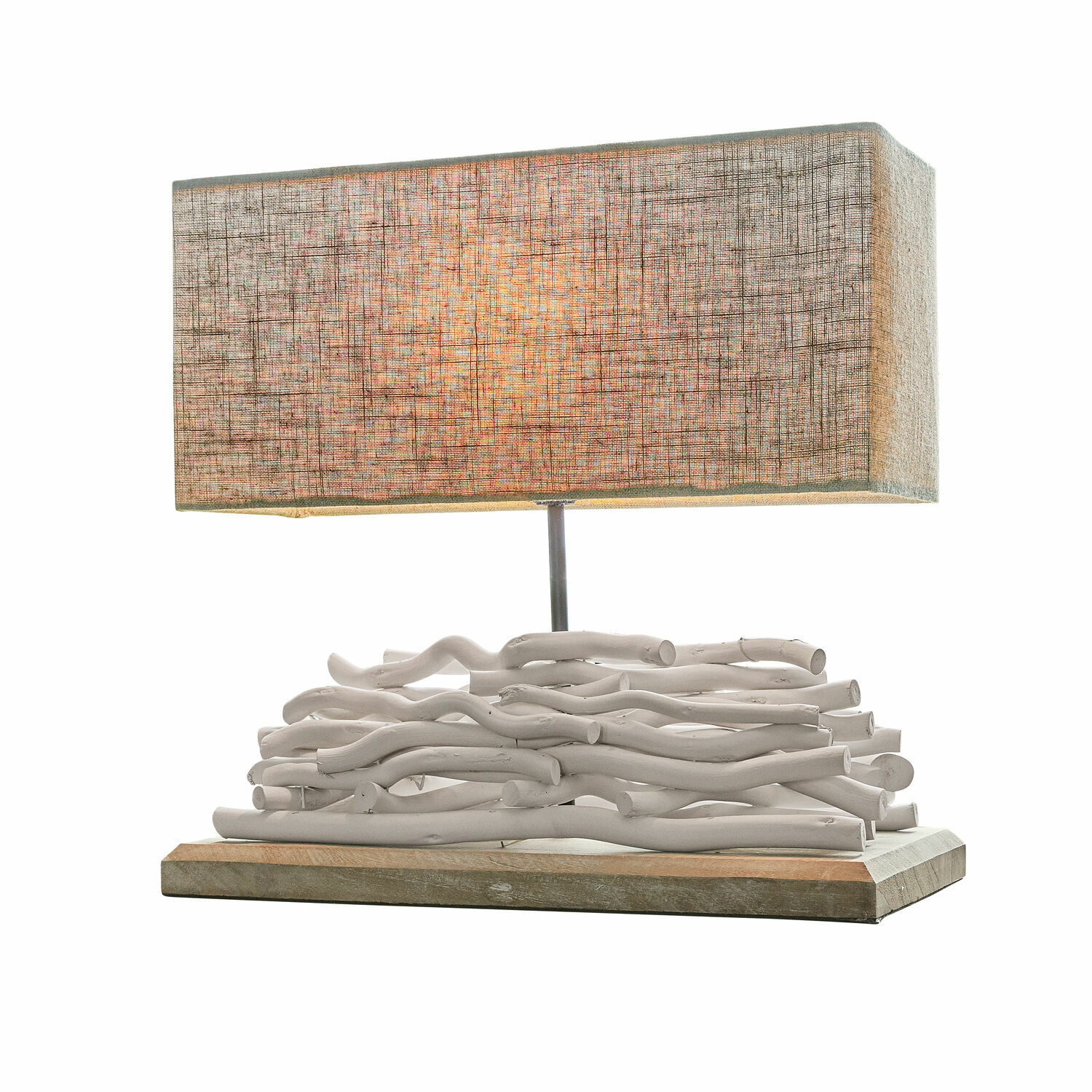 Tischlampe Caribou Tischlampe aus weißem Holz mit beigem Stoffschirm im rustikalen Stil