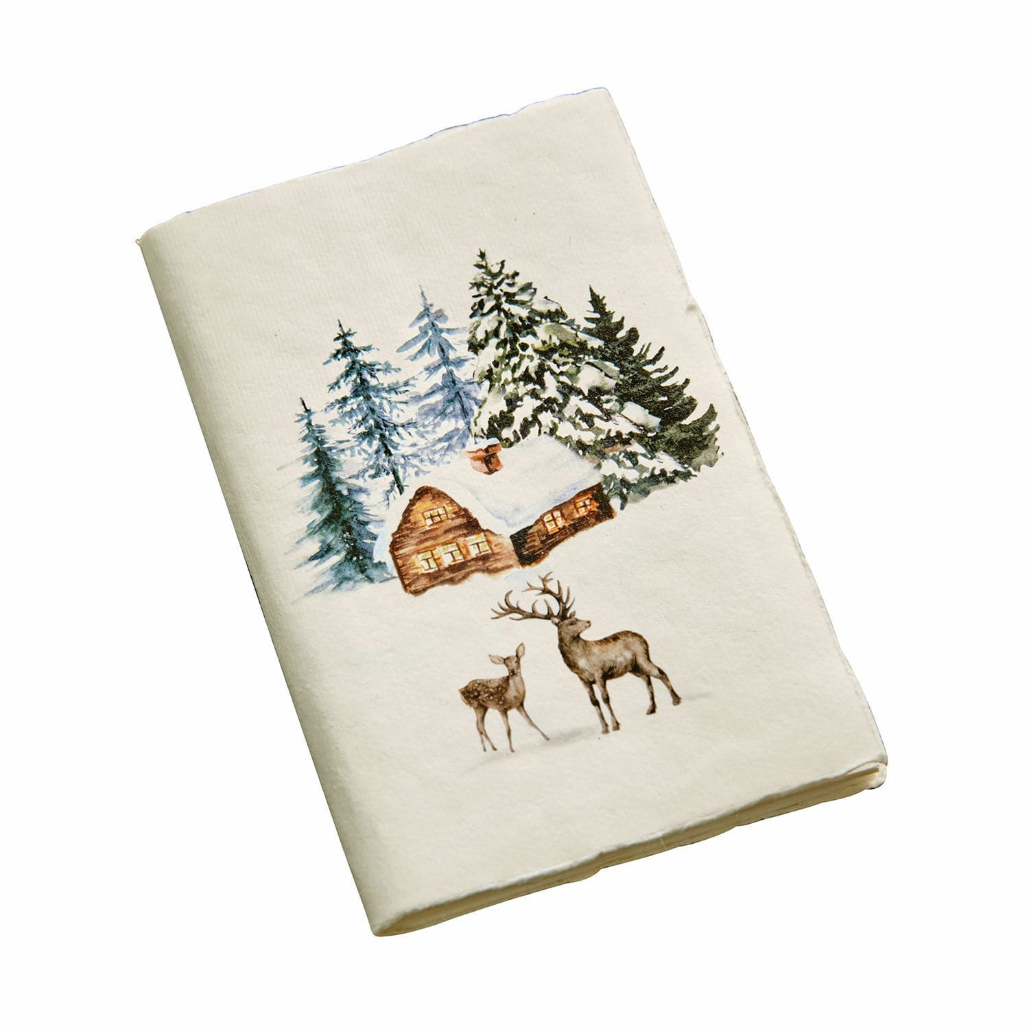 Notizbuch Lorandis Weiße Baumwoll-Geschirrtuch mit Wintermotiv Hütte und Hirsche, festliche Küchendekoration