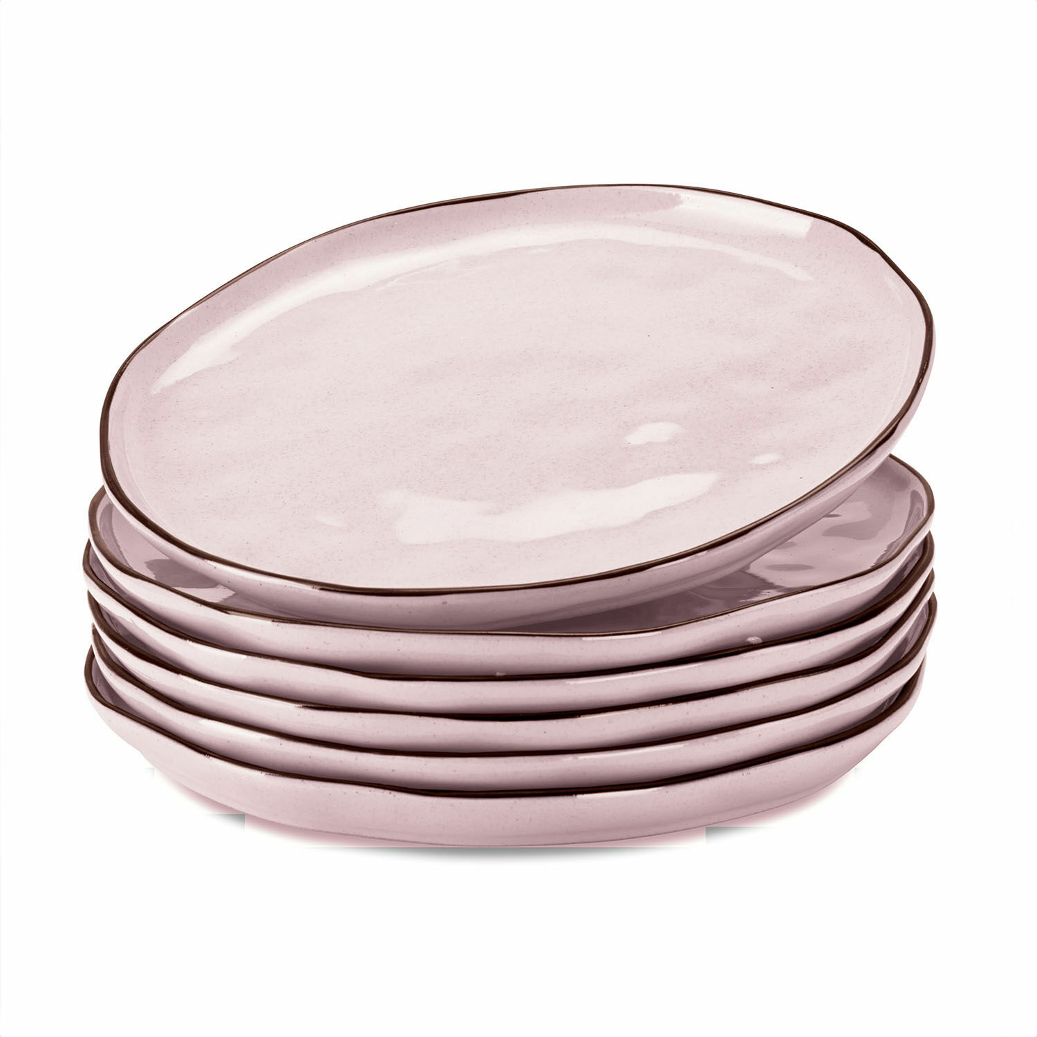 rosa 6-teiliges Biarritz Keramikteller-Set in Rosa mit braunem Rand für den Esstisch
