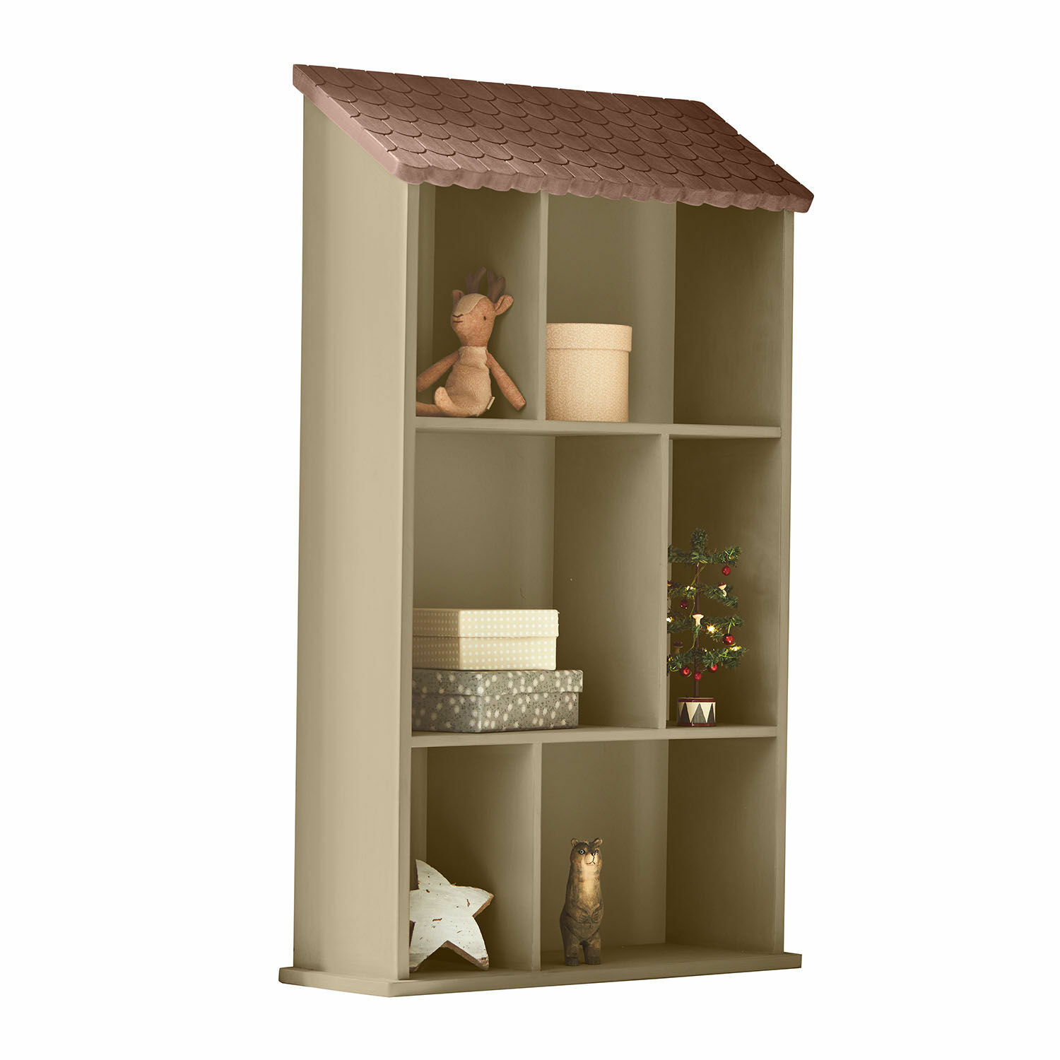 Wandregal Zerith Beige Holzregal in Hausform mit braunem Dach und weihnachtlicher Dekoration