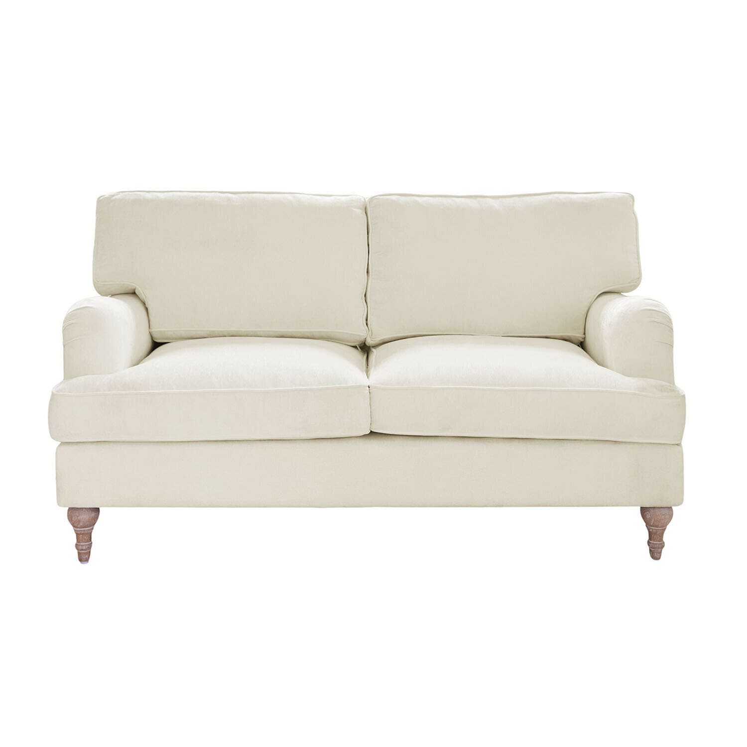 Sofa Elvika in Creme aus weichem Stoff mit Holzbeinen, bequemes Wohnzimmermöbel