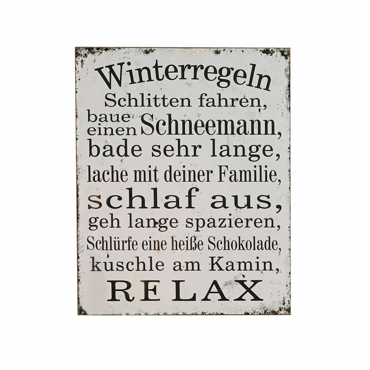 Dekoboard Winterregeln Weiße Metalltafel mit schwarzen Winterregeln als Wanddeko im Vintage-Stil