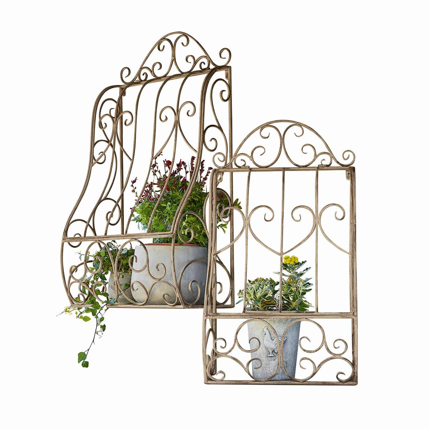 Wandregal 2er Set Alvra Beige Metall-Dekorationsgitter mit Pflanzen, geeignet für Garten- und Wohnraumdekoration