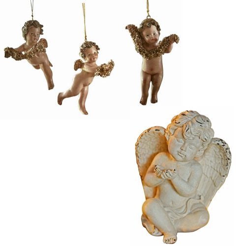 Set aus vier beigen Engel-Dekorationen zum Hängen und Stellen, festlicher Schmuck