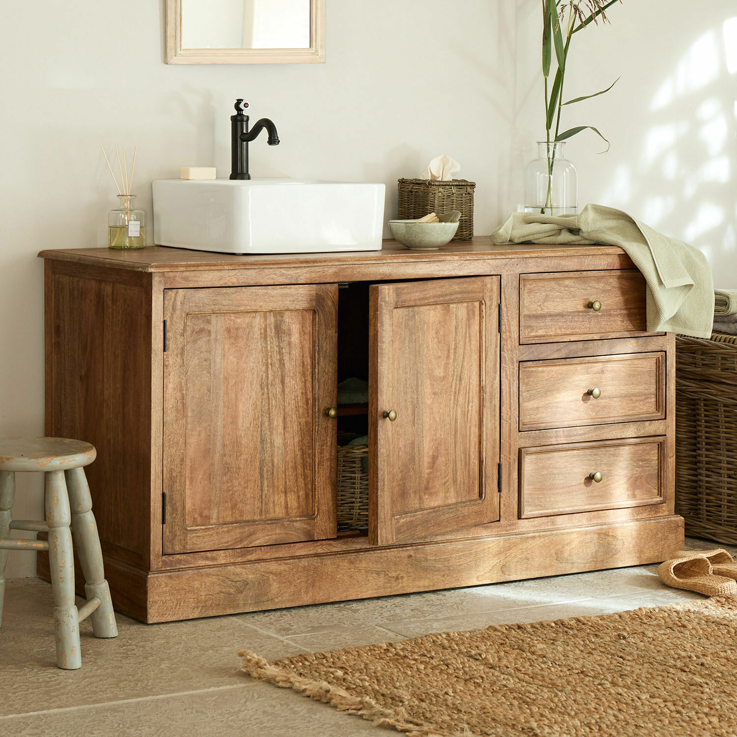 Waschtisch Dorchester Holz-Badezimmerschrank mit weißem Keramikwaschbecken und schwarzem Wasserhahn, Naturholzfarbe