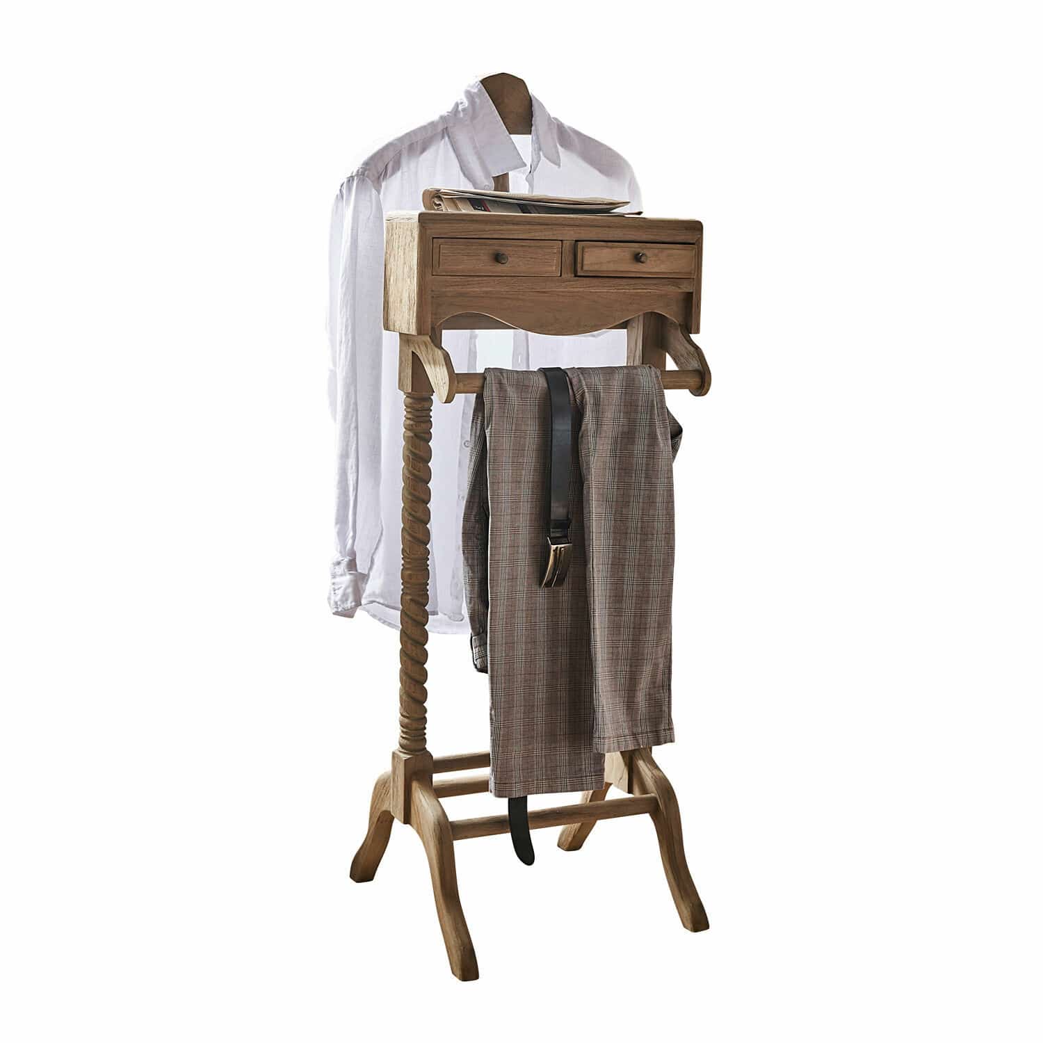 Herrendiener Doncaster Kleiderständer aus Holz mit zwei Schubladen und Hosehalter in natürlicher Holzfarbe