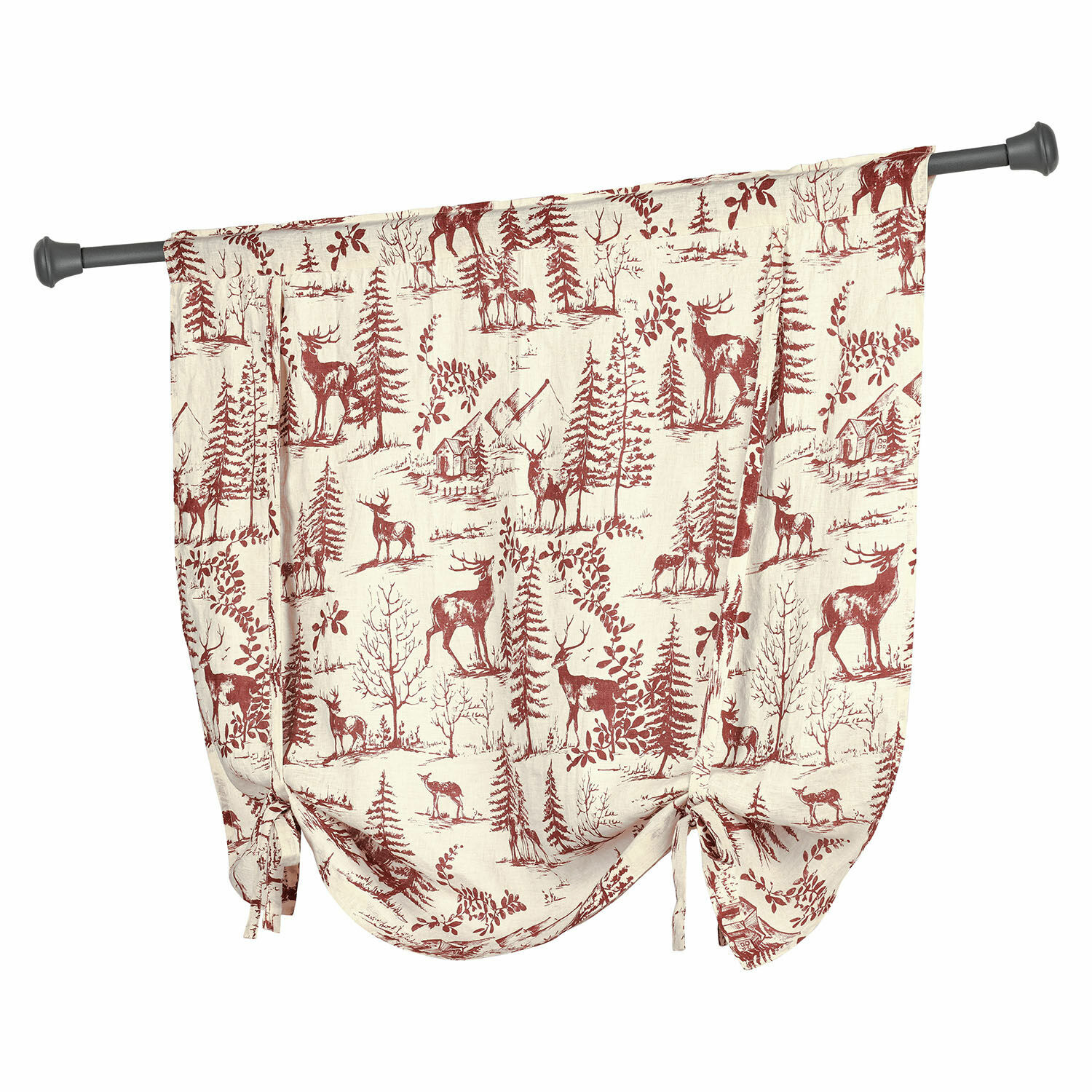Baumwollvorhang in Creme mit rotem Hirsch- und Waldmuster, dekorativer Landhausstil