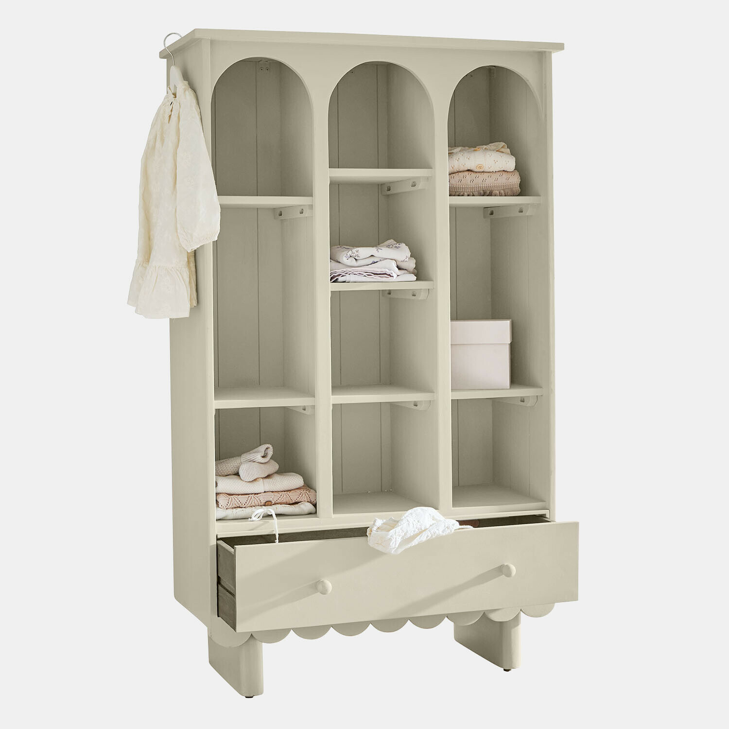 Schrank Agliana Beige Holzschrank mit drei Fächern und Schublade, praktisches Möbelstück zur Aufbewahrung von Kleidung
