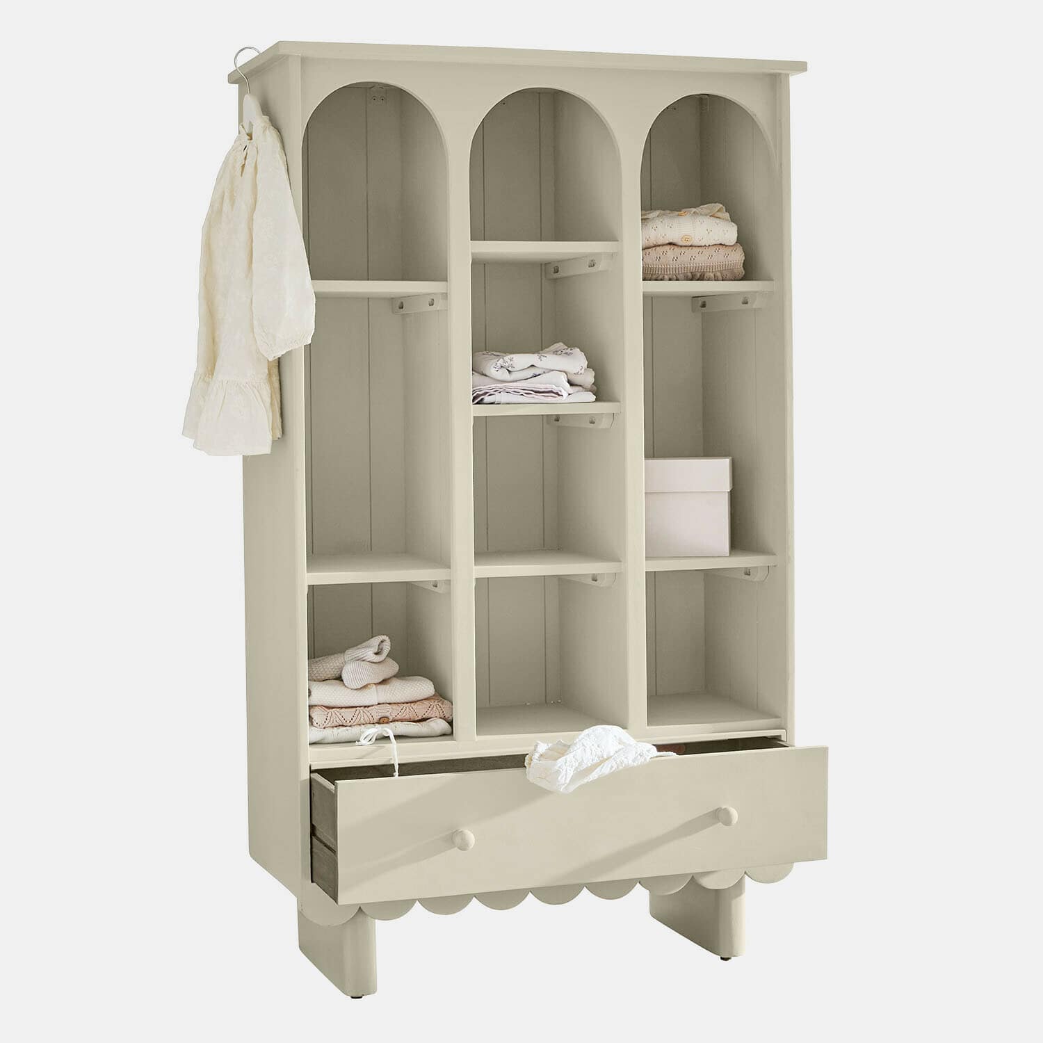 Schrank Agliana Beige Holzschrank mit drei Fächern und Schublade, praktisches Möbelstück zur Aufbewahrung von Kleidung