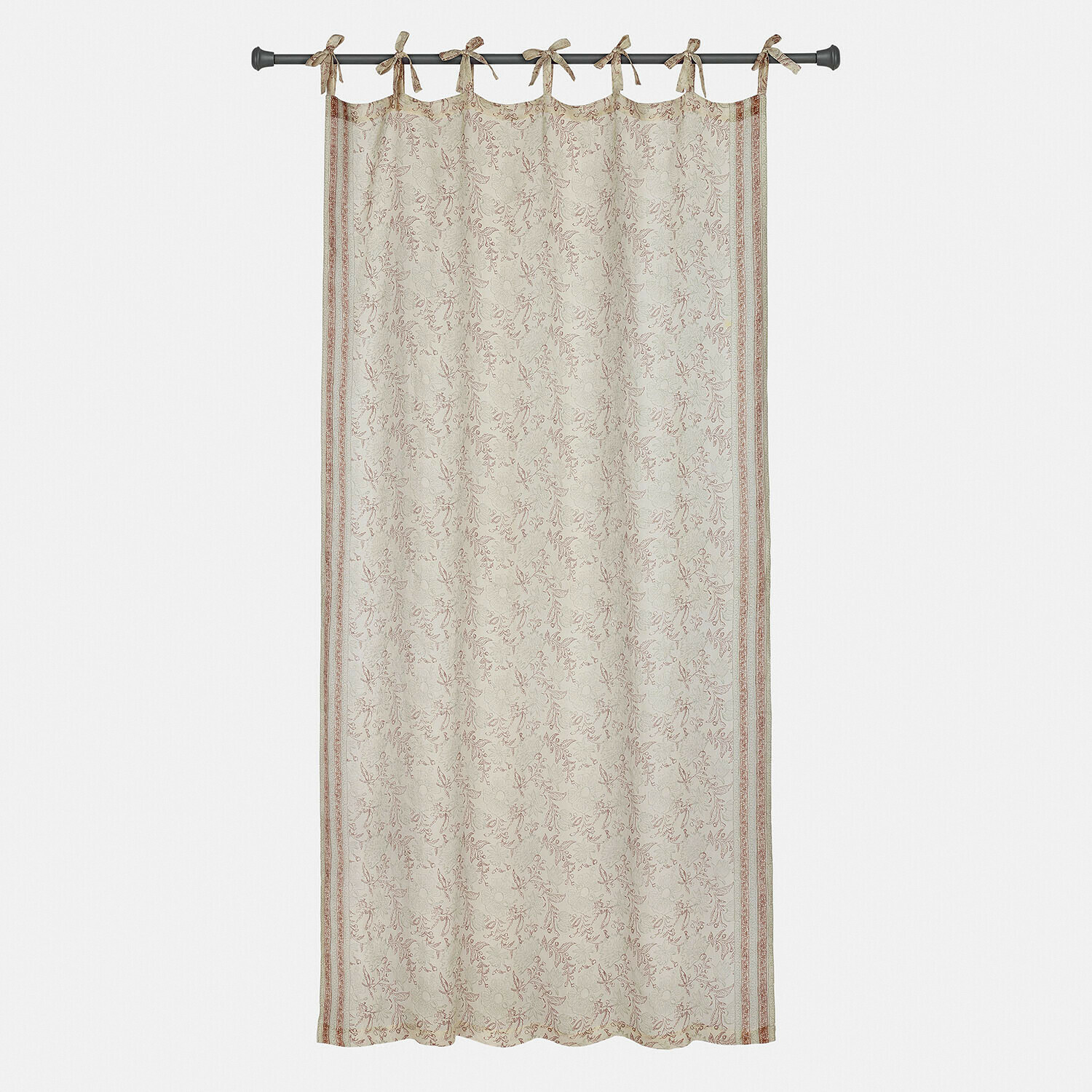 Beige Vorhang mit zartem Blumenmuster und Bindebändern, dekorativer Stoff für Wohnräume