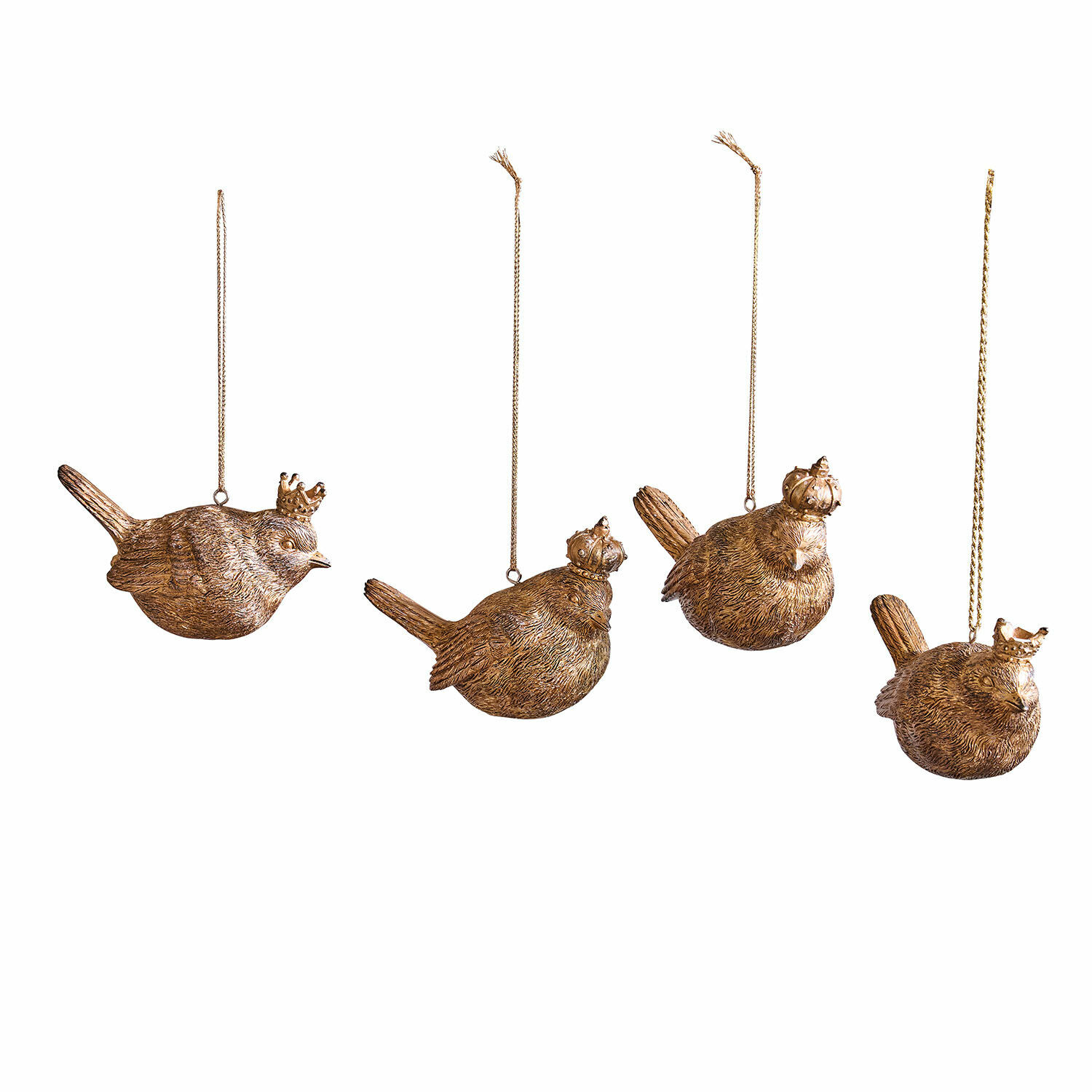 Anhänger 4er Set Dottica Set aus vier goldfarbenen Vogelanhängern mit Kronen, metallische Weihnachtsdekoration zum Aufhängen