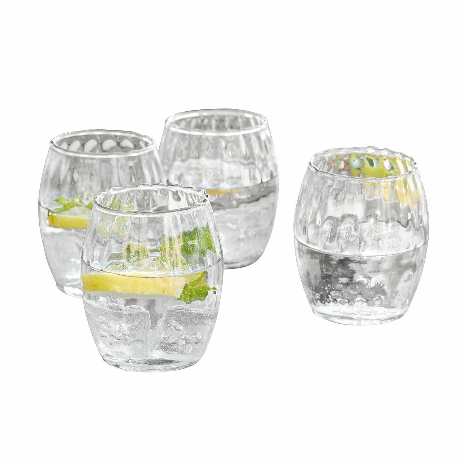Glas 4er Set Bourgavin Set aus vier transparenten, strukturierten Gläsern mit Wasser, Zitrone und Minze