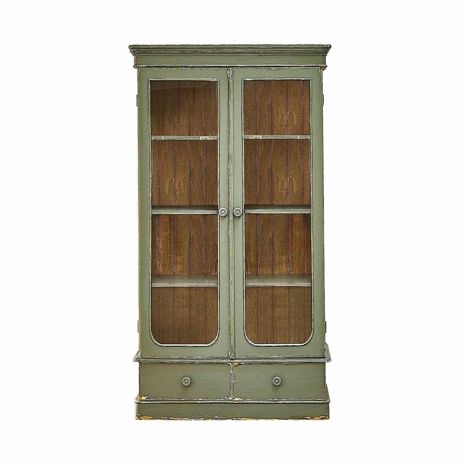 Grüner Holzschrank Cassanet mit Glastüren und zwei Schubladen für praktischen Stauraum